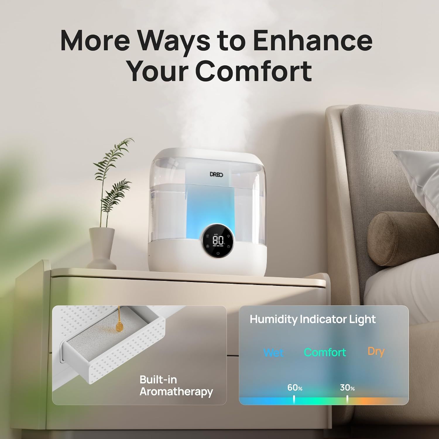 Communicates multiple comfort-enhancing features of the humidifier, showing the aromatherapy drawer and color-coded humidity indicator to reassure shoppers of…