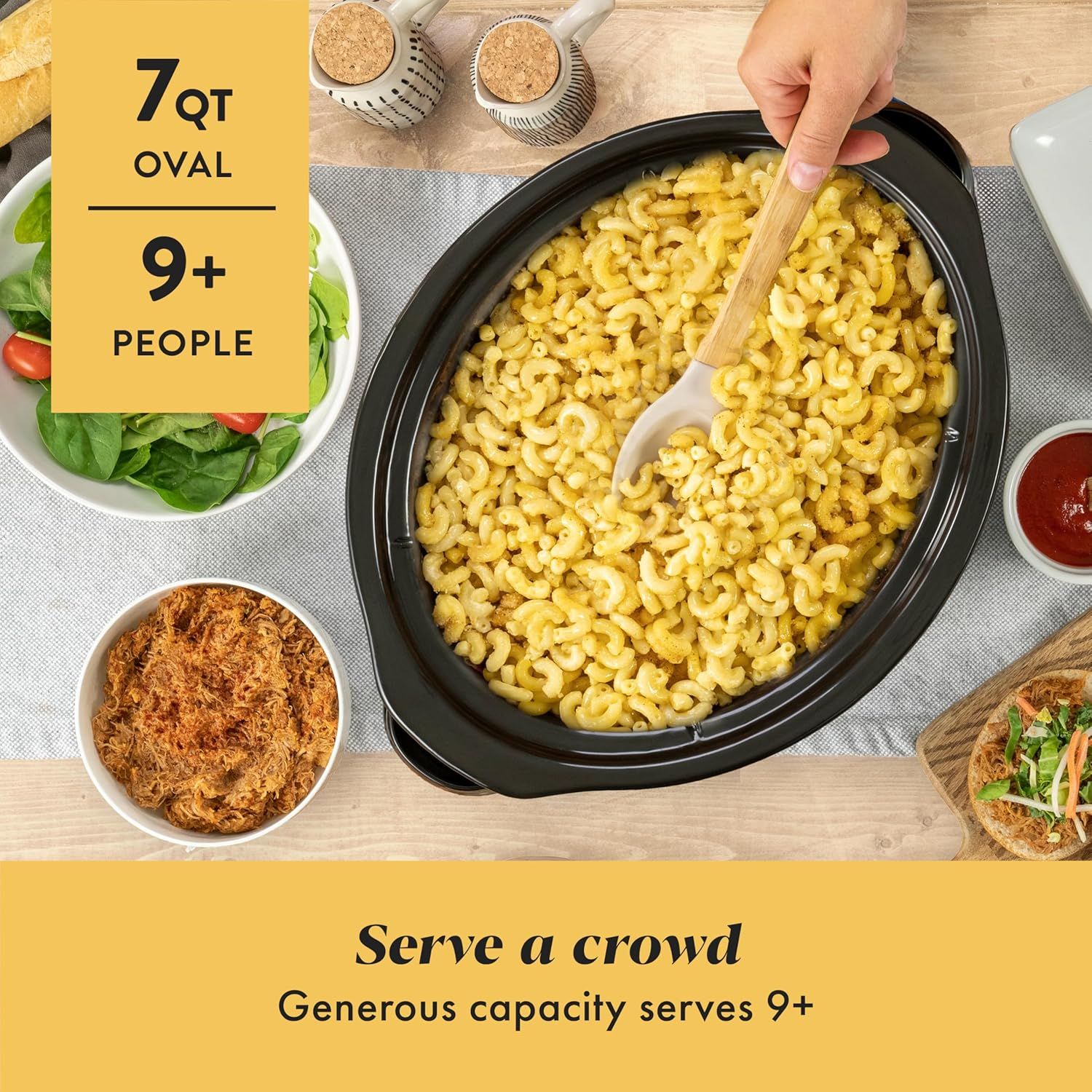 Communicates the large capacity of the slow cooker to reassure shoppers it can serve families or groups of 9 or more people. Highlights the generous size…