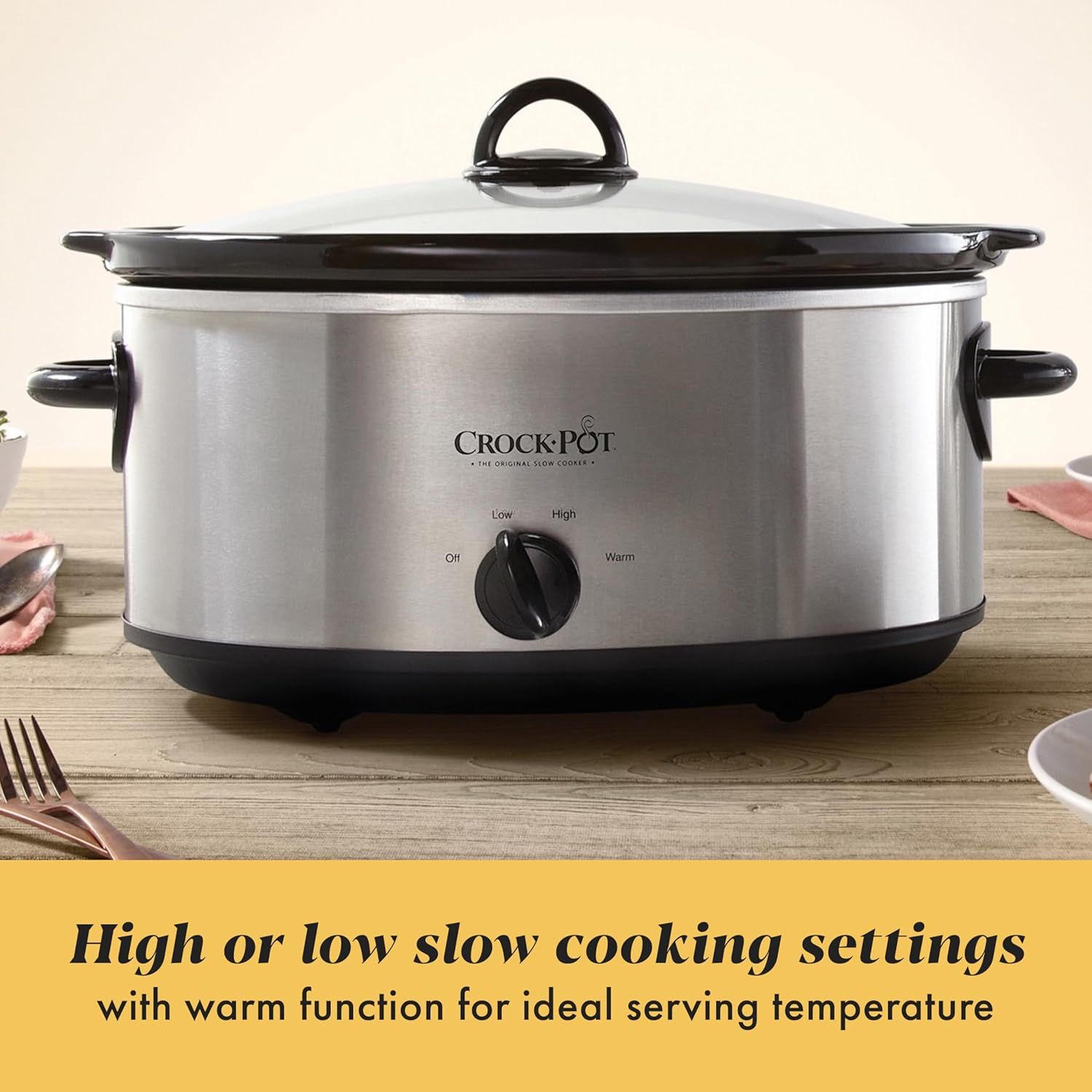 Communicates the product's versatile cooking settings (high, low, warm) to reassure shoppers they can customize cooking temperature for different recipes and…
