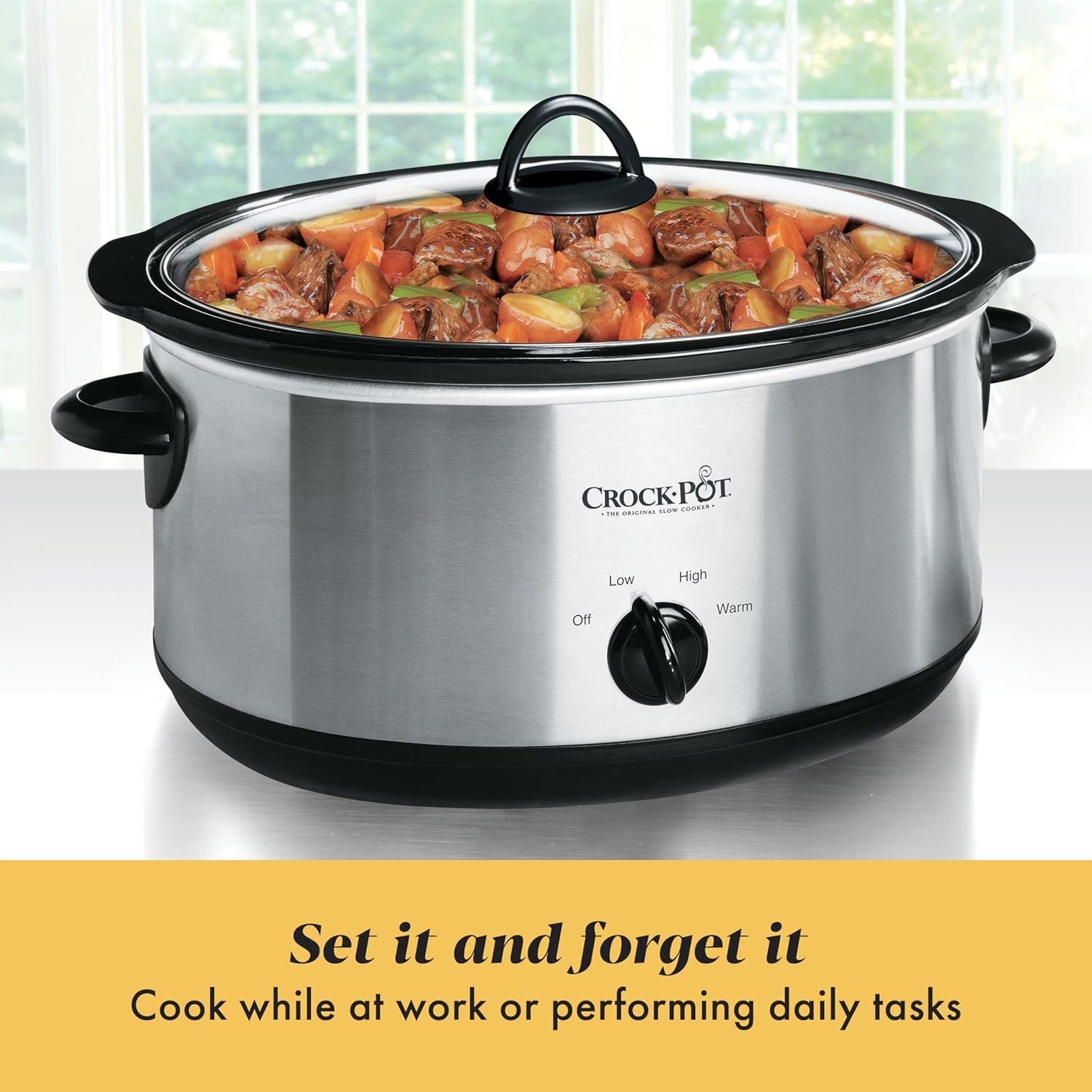 Communicates the convenience benefit of the slow cooker—set it and forget it—allowing users to cook meals while attending to other tasks throughout the day.