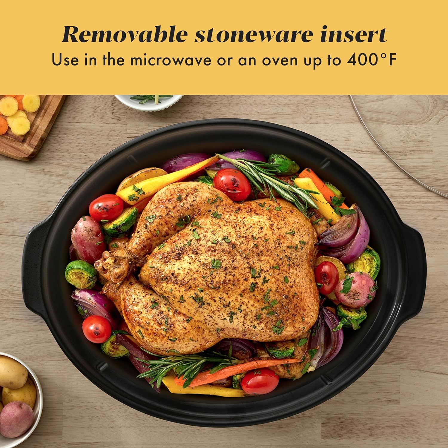 Communicates the product's heat tolerance capability, reassuring shoppers that the stoneware insert can safely withstand high oven temperatures up to 400°F…