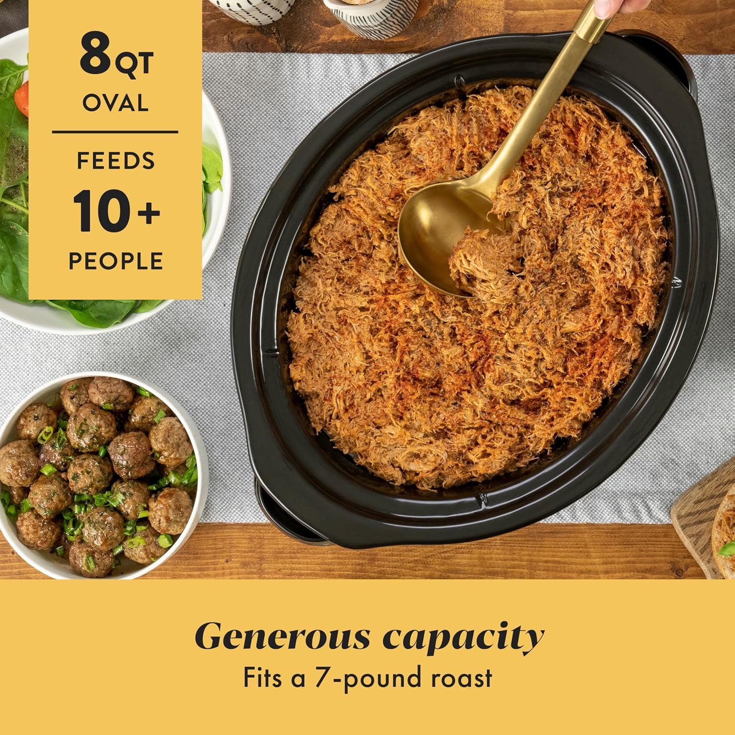 Communicates the large capacity of the 8QT oval slow cooker by highlighting that it can feed 10+ people and fit a 7-pound roast, reassuring shoppers it's…