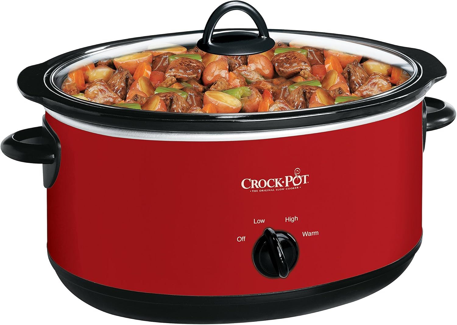 Displays the Crock-Pot slow cooker in a clean, catalog-style presentation showing the product filled with prepared food to help shoppers visualize the product…
