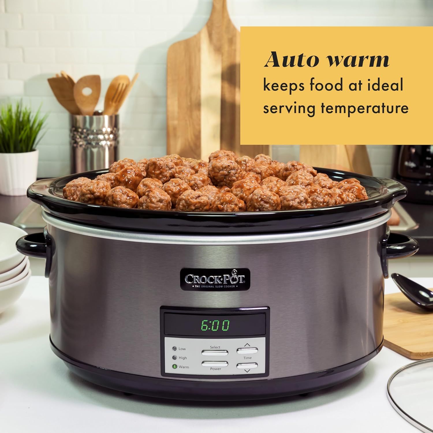 Highlights the auto warm feature that keeps food at ideal serving temperature, reassuring shoppers that their meals will stay ready to serve without…
