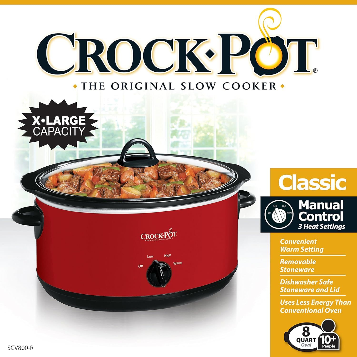Communicates multiple key selling benefits of the Crock-Pot slow cooker in a segmented layout, including capacity, control options, convenience features, and…