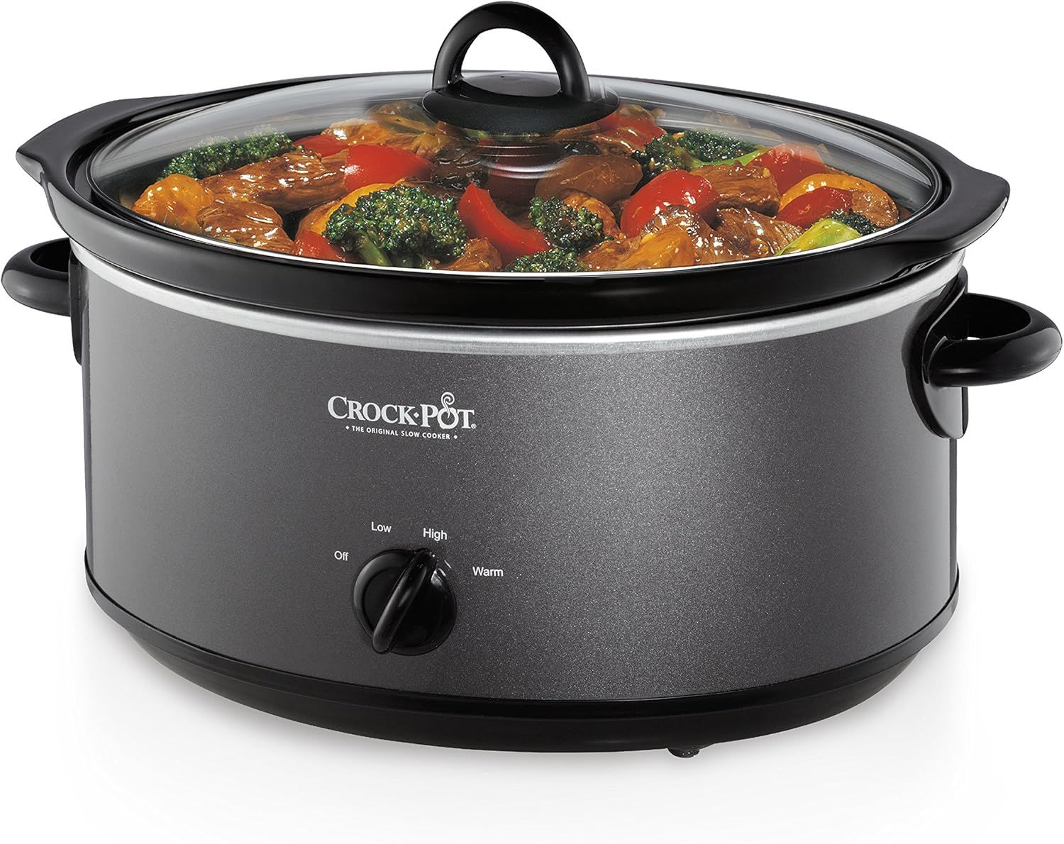 Shows the slow cooker in action with a finished meal visible through the glass lid, helping shoppers visualize the product in real-world use and the type of…