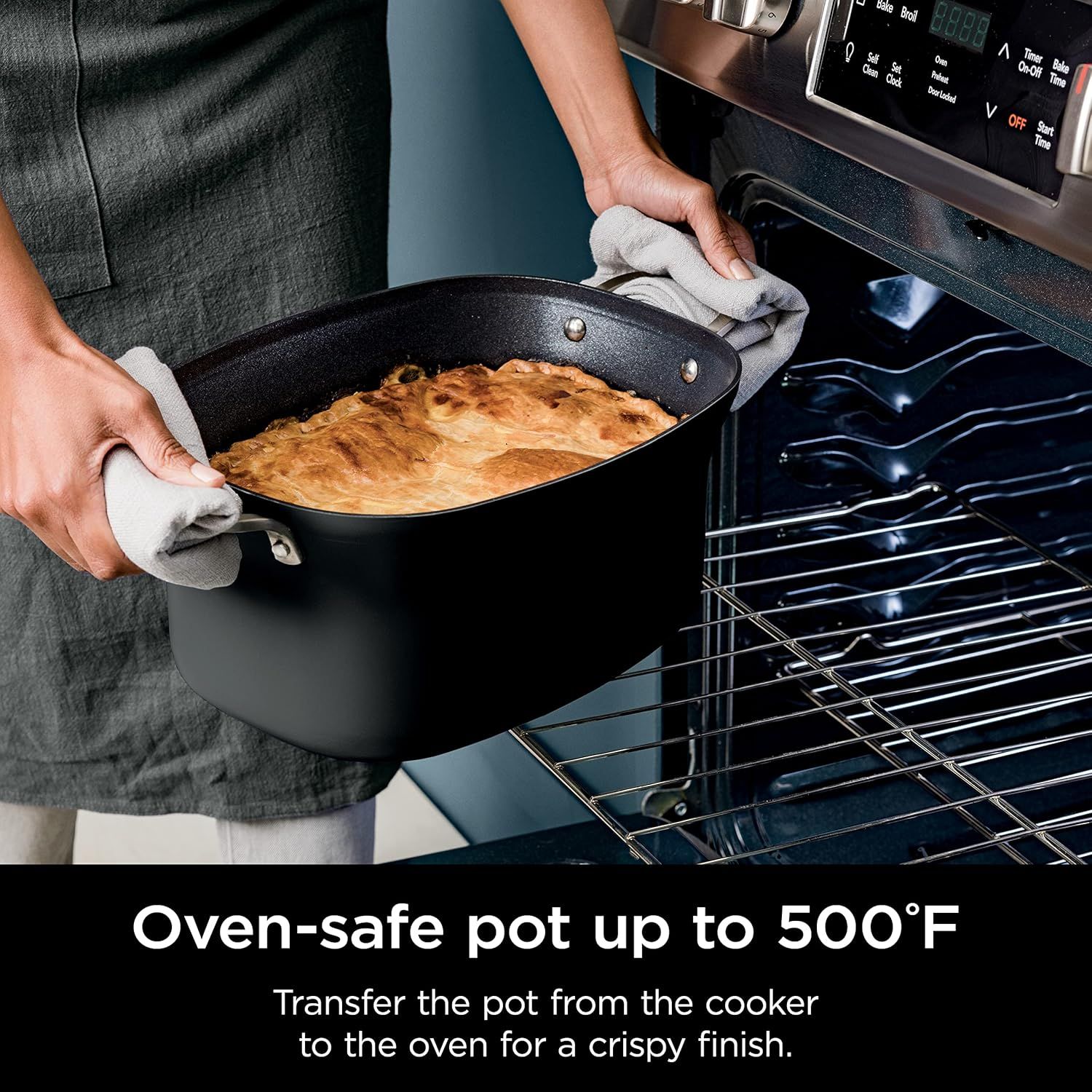 Reassures shoppers that the pot can safely transition from stovetop to oven at high temperatures, enabling versatile cooking methods like finishing dishes with a crispy top. Highlights the…