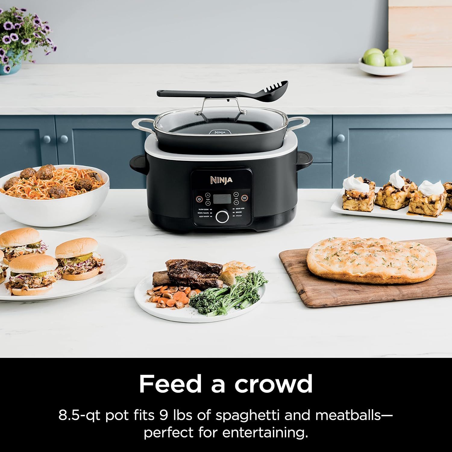 Communicates the product's large 8.5-quart capacity by showing it can hold 9 lbs of spaghetti and meatballs, emphasizing its suitability for entertaining and…