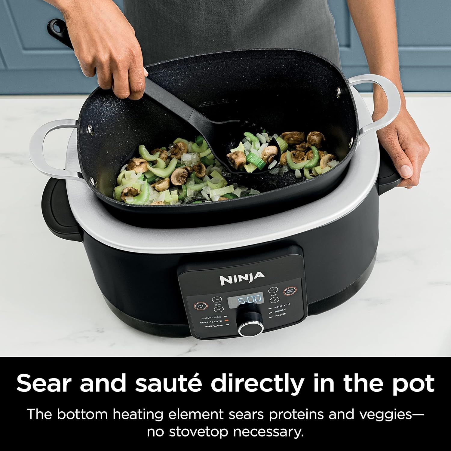 Demonstrates how to use the product's bottom heating element to sear and sauté directly in the pot without needing a stovetop, highlighting ease of use and…
