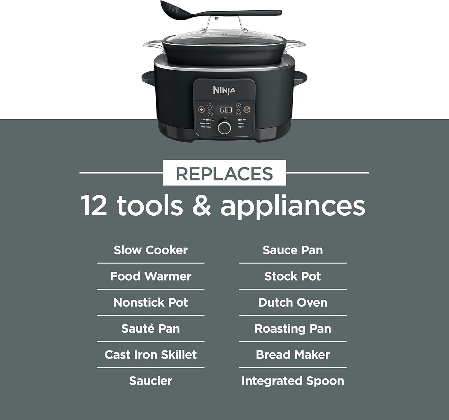 Demonstrates the product's versatility by showing it can replace 12 different kitchen tools and appliances, emphasizing space-saving and multi-functionality…