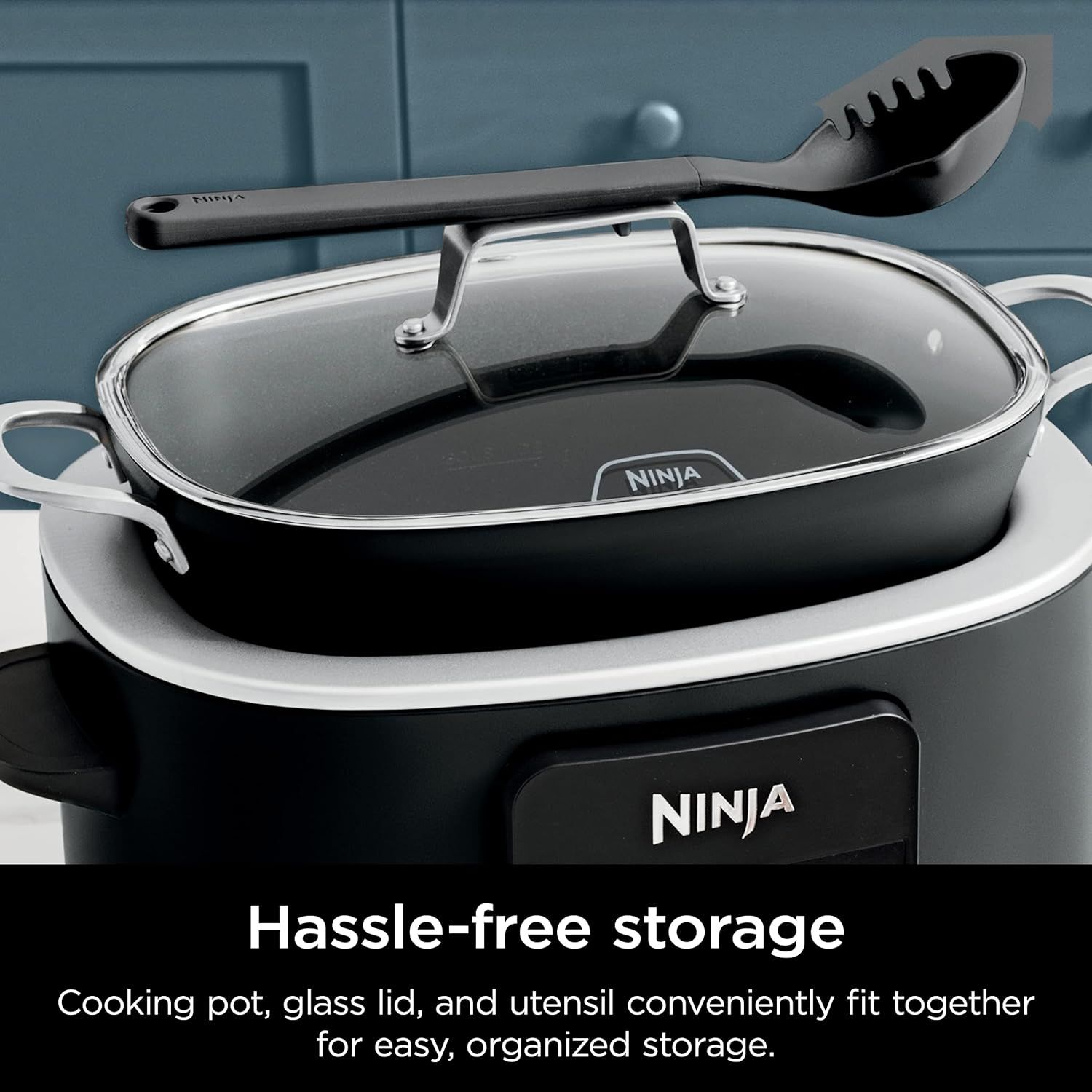 Demonstrates how the cooking pot, glass lid, and utensil nest together for convenient, organized storage, reassuring shoppers about easy kitchen organization…