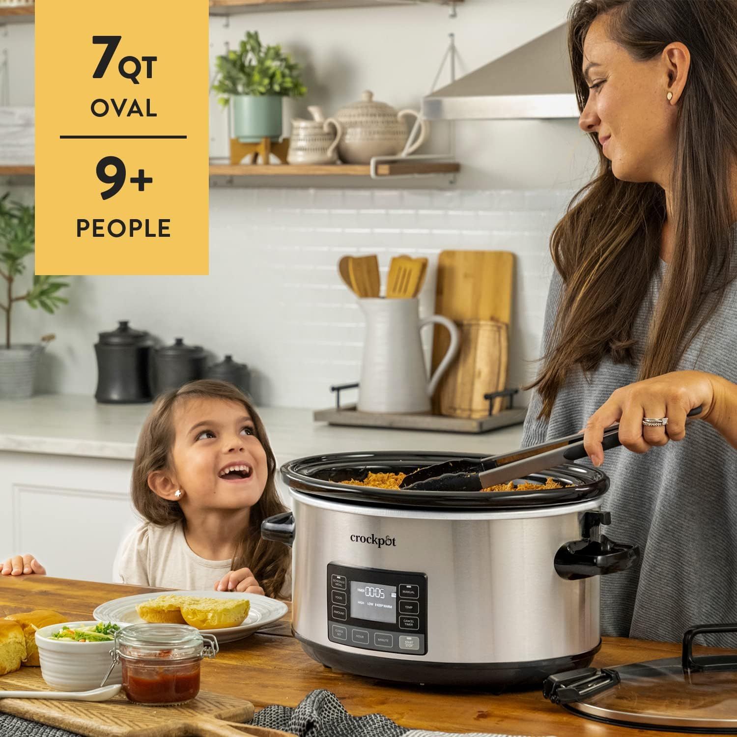 Communicates the large capacity of the slow cooker, emphasizing it can serve 9 or more people, making it ideal for families or gatherings. Shows the product…