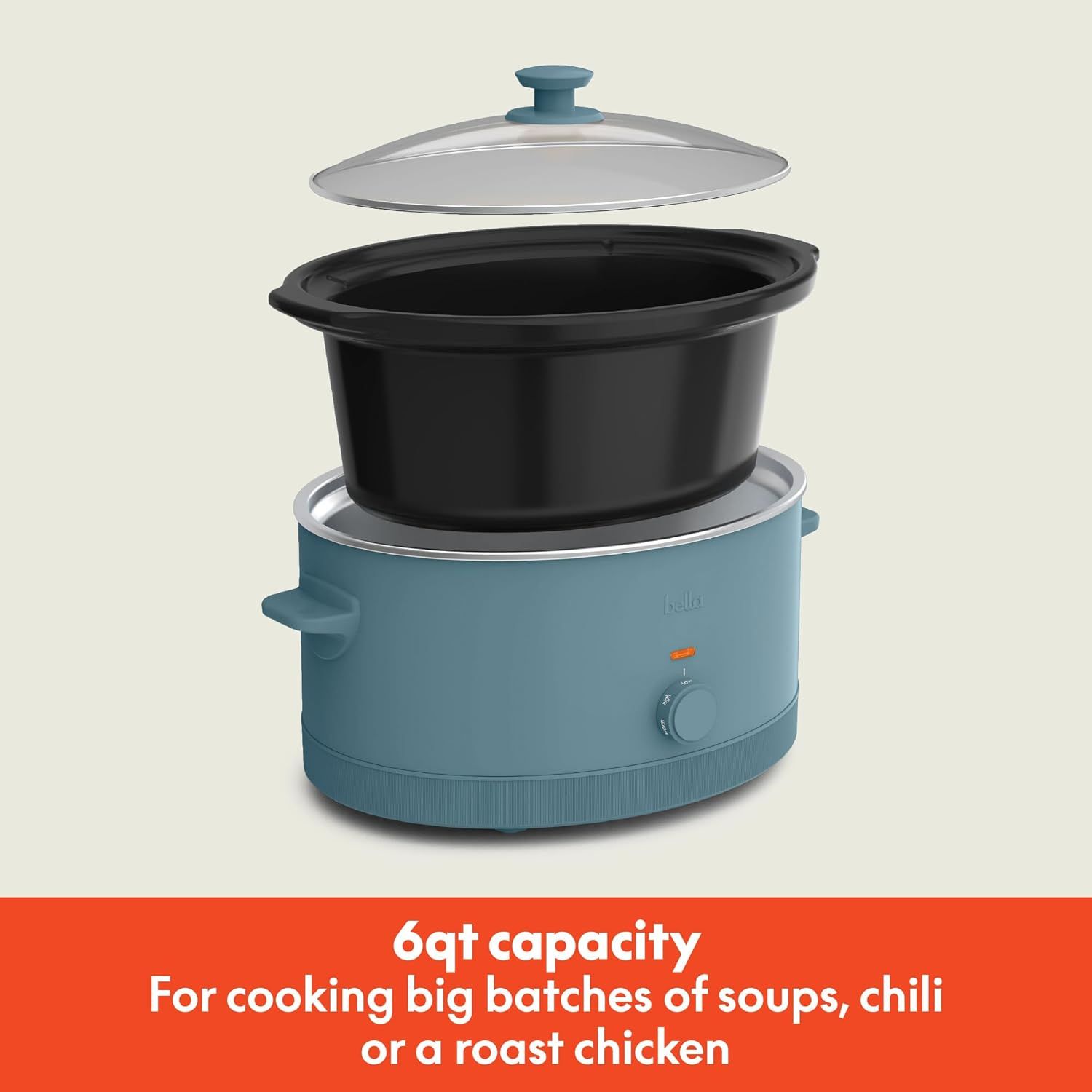 Communicates the large capacity of the slow cooker to reassure shoppers it can handle big batches of soups, chili, or roast chicken for families or…