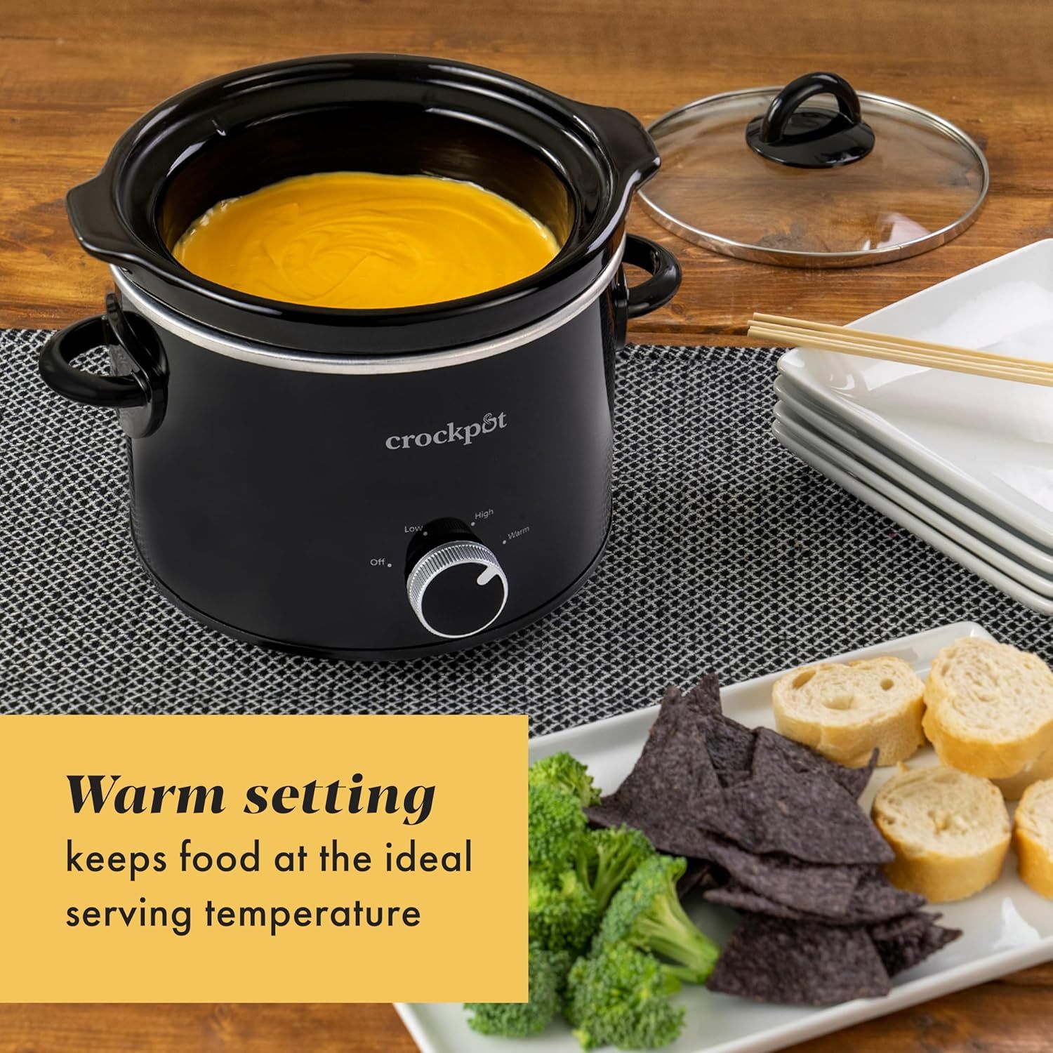 Highlights the warm setting feature that keeps food at the ideal serving temperature, reassuring shoppers that the Crockpot can maintain food warmth for…