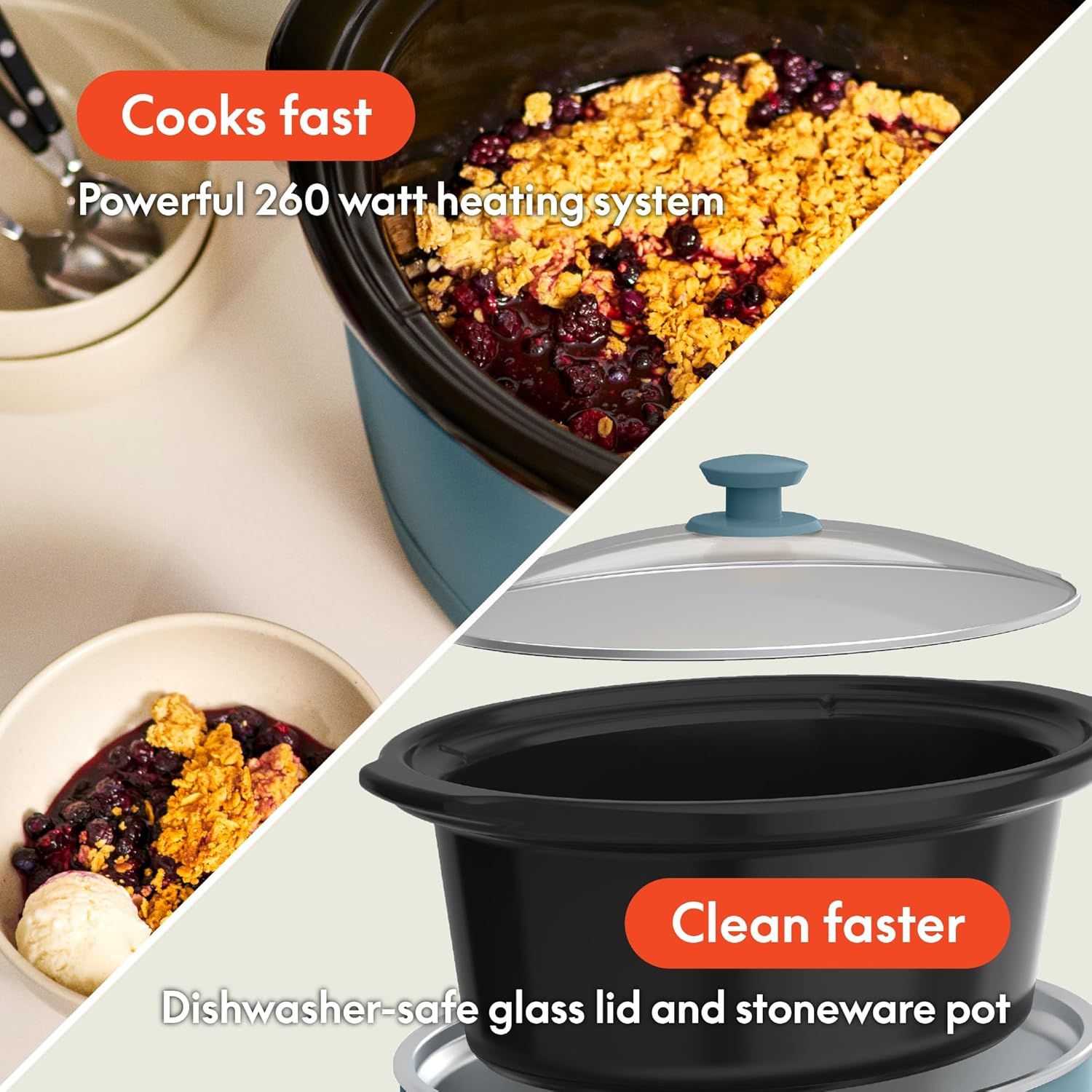 Communicates two key benefits of the slow cooker: fast cooking with a powerful 260-watt heating system and easy cleanup with dishwasher-safe glass lid and…