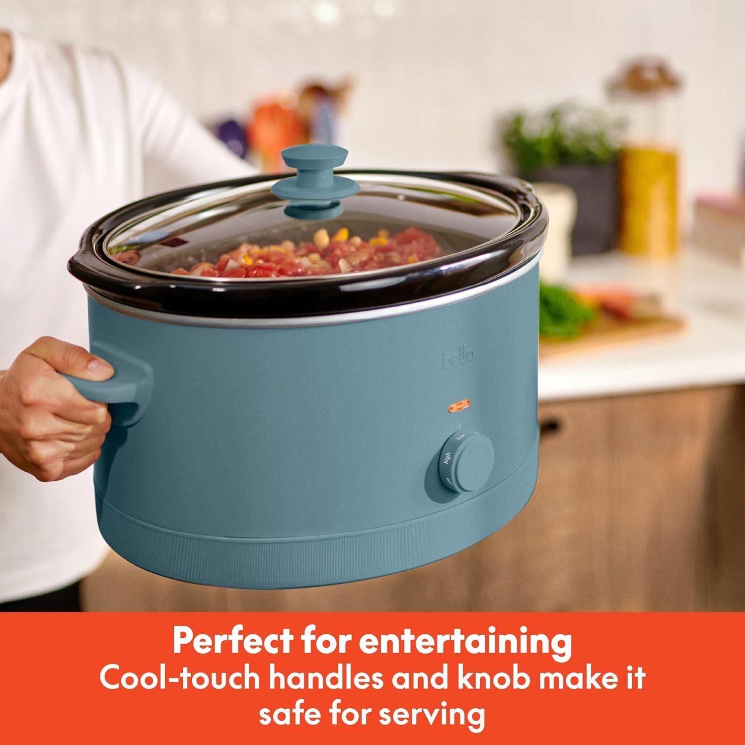Highlights the safety and convenience of cool-touch handles and knob, reassuring shoppers that the product is safe to handle and serve from even when hot.