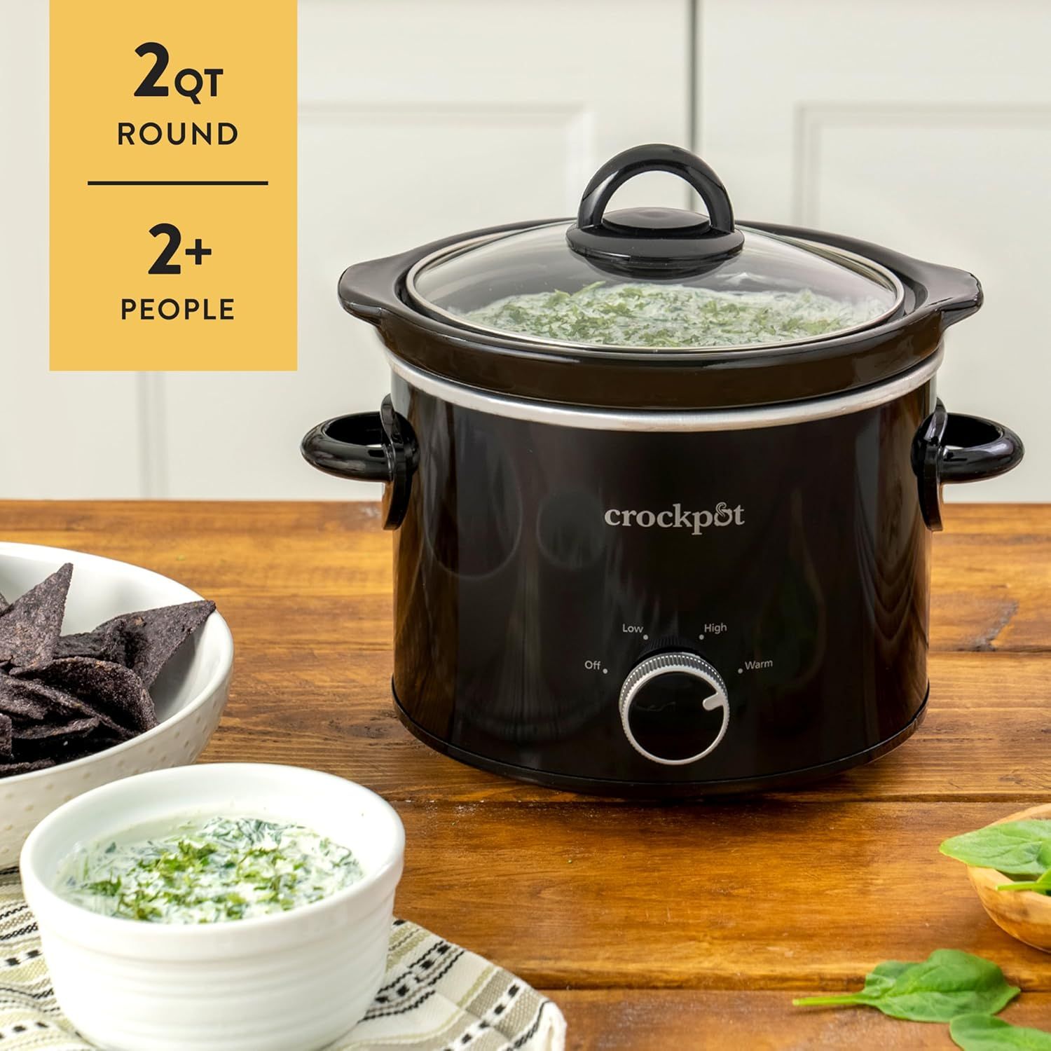 Communicates the product's capacity and serving size to help shoppers understand if it meets their household needs. Shows the Crockpot in a real-world kitchen…