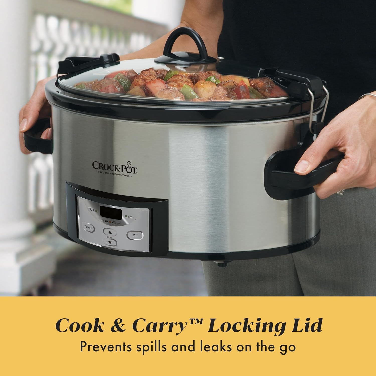 Highlights the locking lid feature that allows safe transport of the slow cooker without spills or leaks, emphasizing convenience and portability for…