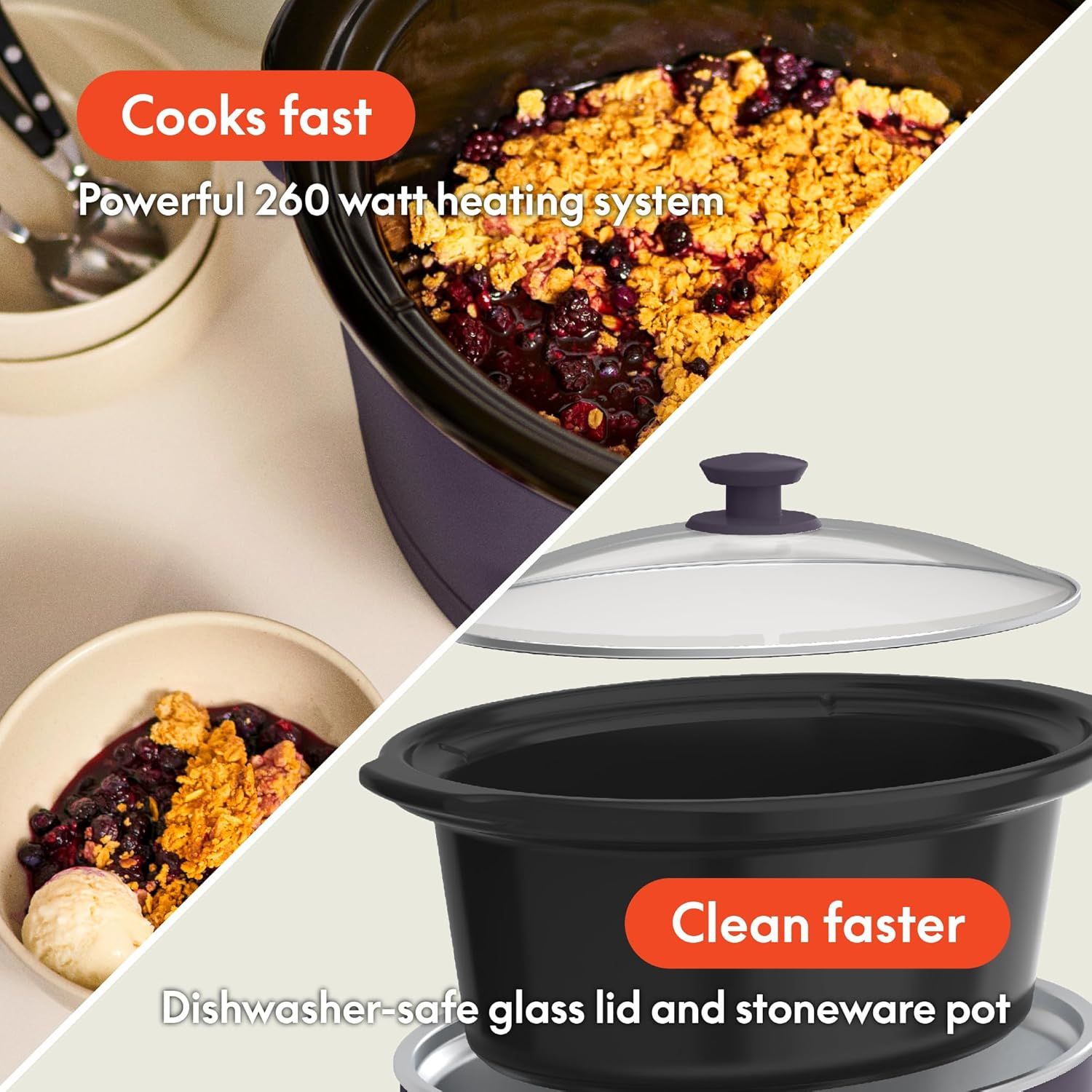 Communicates two key benefits of the slow cooker: fast cooking with a powerful 260-watt heating system and easy cleanup with dishwasher-safe glass lid and…