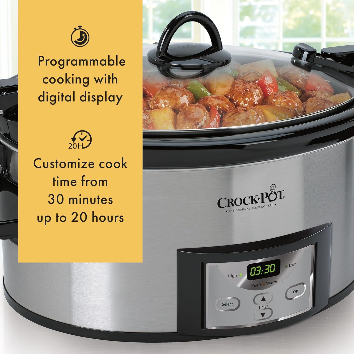Communicates two distinct programmable features of the Crock-Pot slow cooker: the digital display for programmable cooking and the flexible time range…