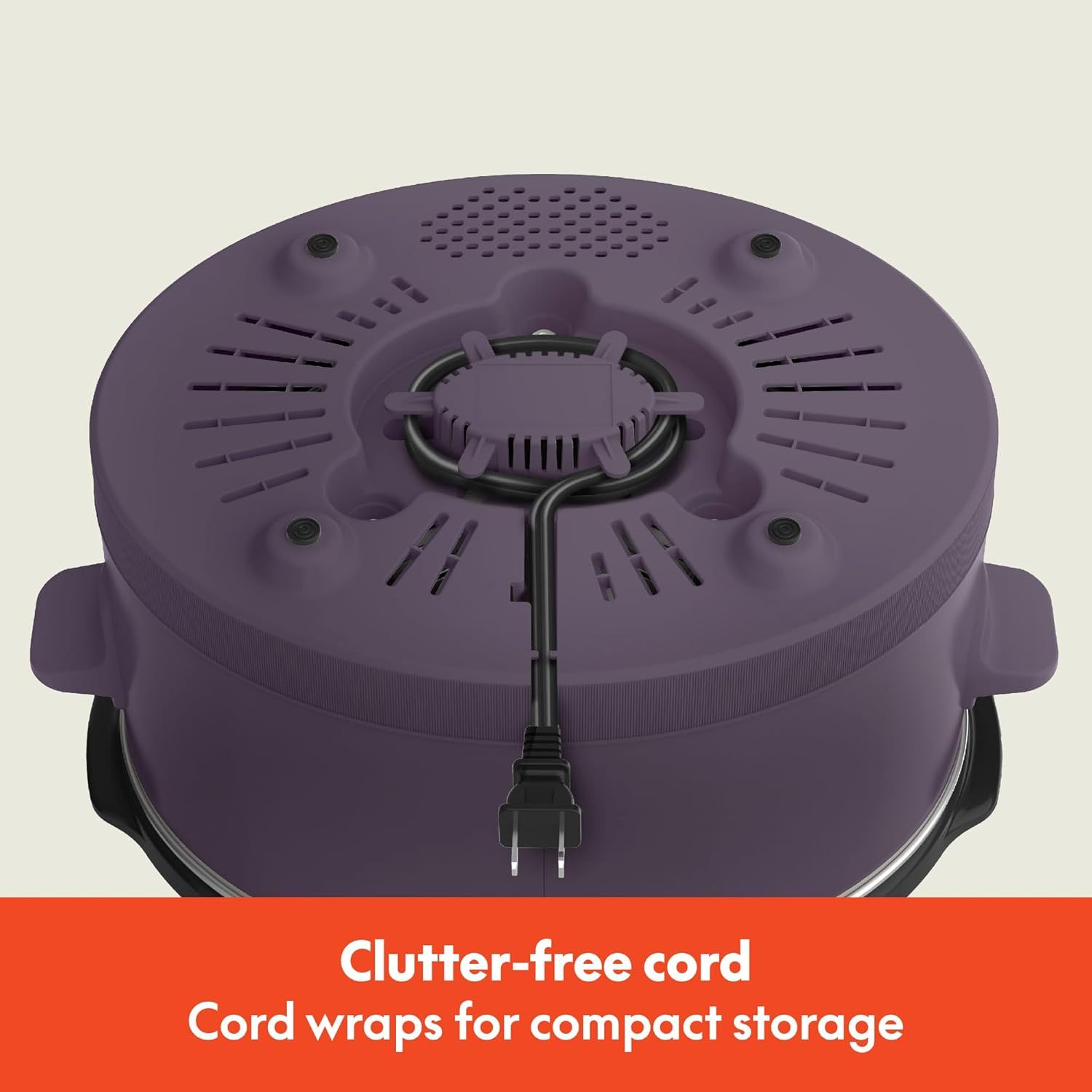 Highlights the built-in cord wrap feature that keeps the power cord organized and clutter-free, emphasizing convenience and tidy storage.