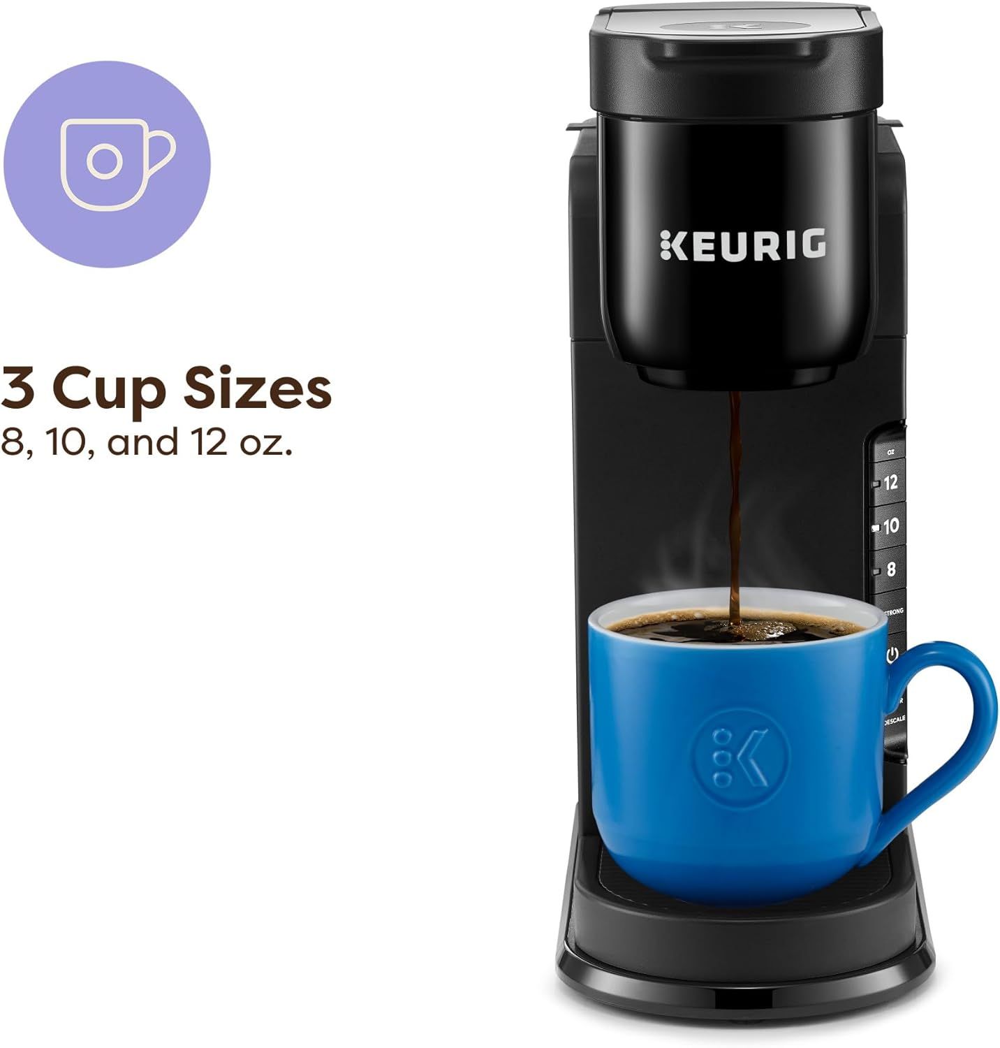 Communicates that the coffee maker can brew three different cup sizes (8, 10, and 12 oz), offering flexibility and convenience to match the shopper's…