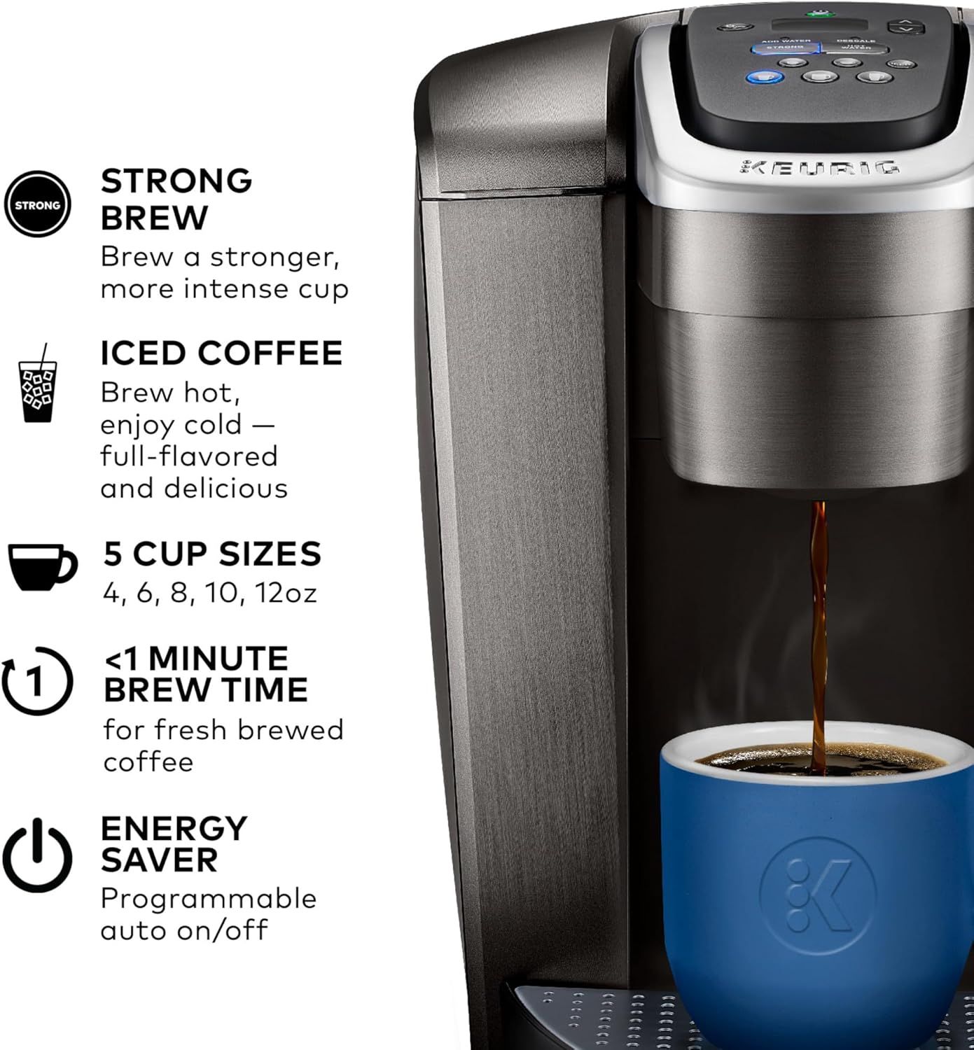 Communicates multiple key selling benefits of the Keurig coffee maker in a segmented vertical layout, highlighting brewing versatility, speed, customization…