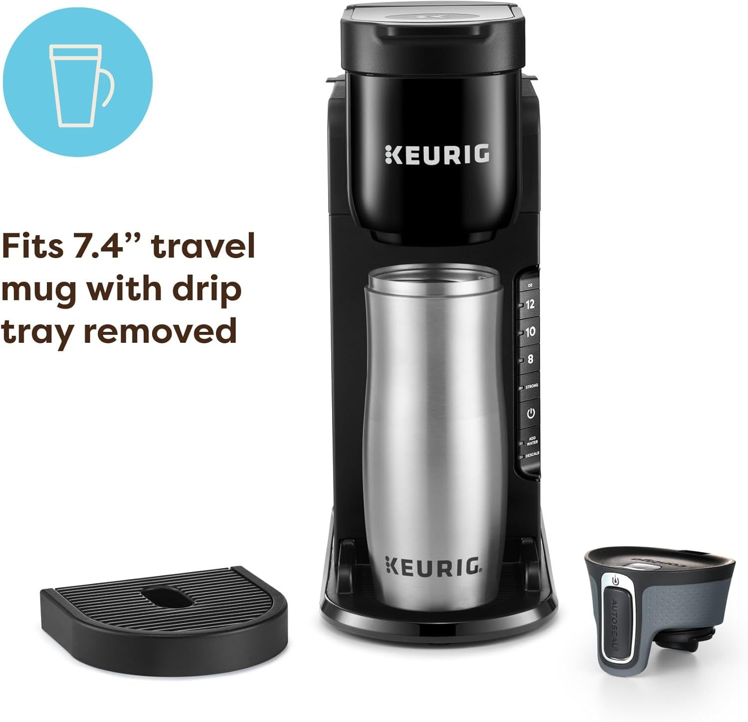 Communicates that the coffee maker can accommodate tall travel mugs (7.4 inches) when the drip tray is removed, reassuring shoppers about its versatility and…