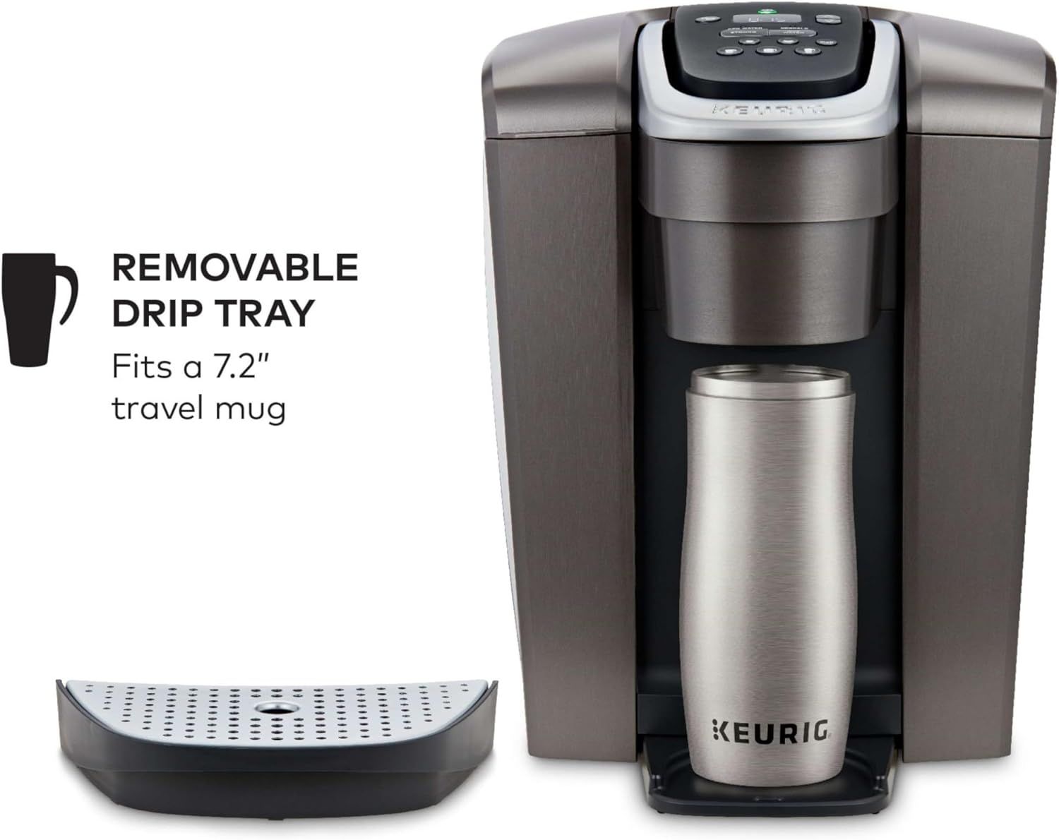 Highlights the removable drip tray feature and its compatibility with a 7.2 inch travel mug, demonstrating the product's versatility and convenience for…