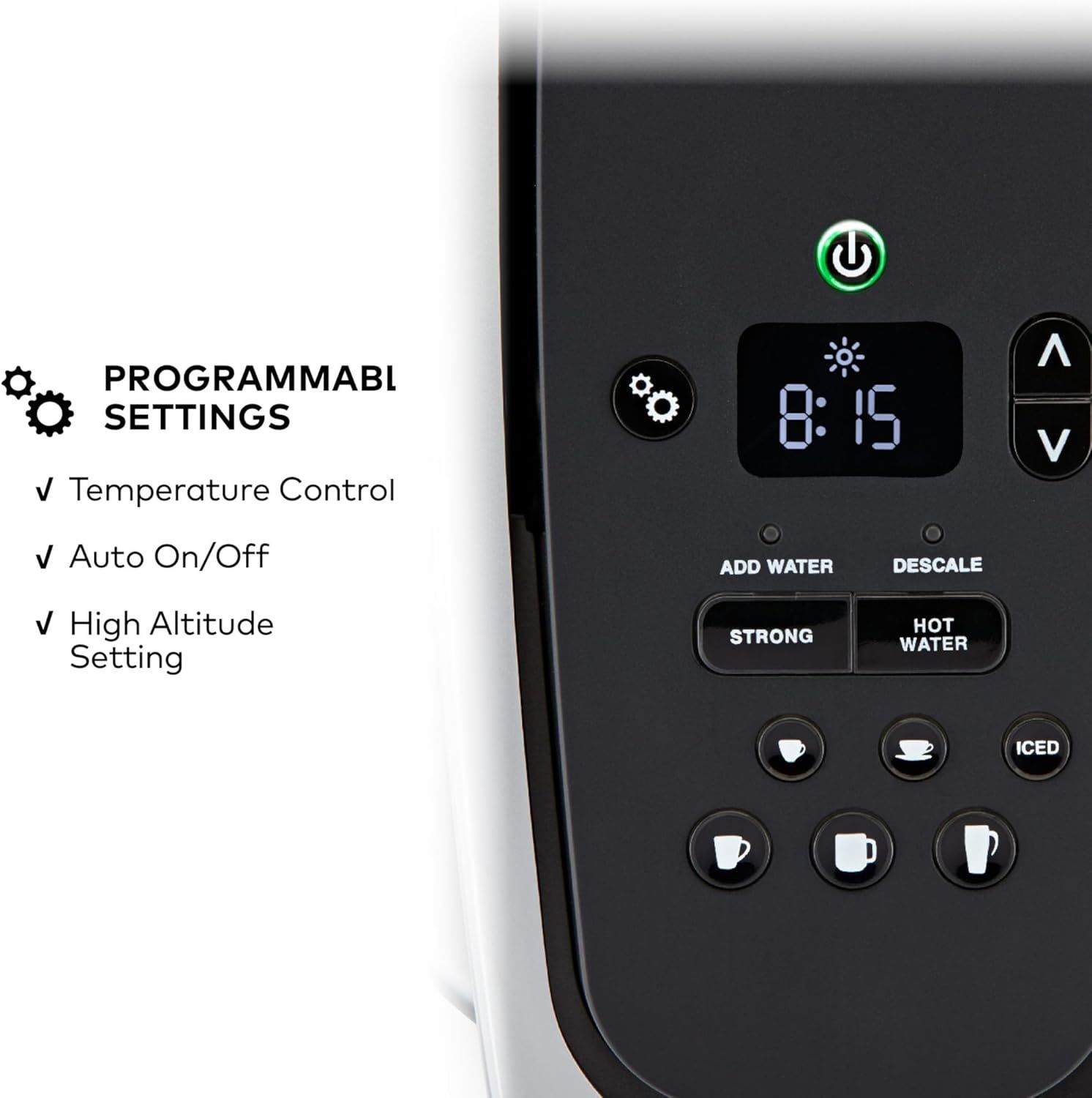 Communicates the advanced programmability and customization features of the coffee maker to reassure shoppers that the machine offers flexible, convenient…