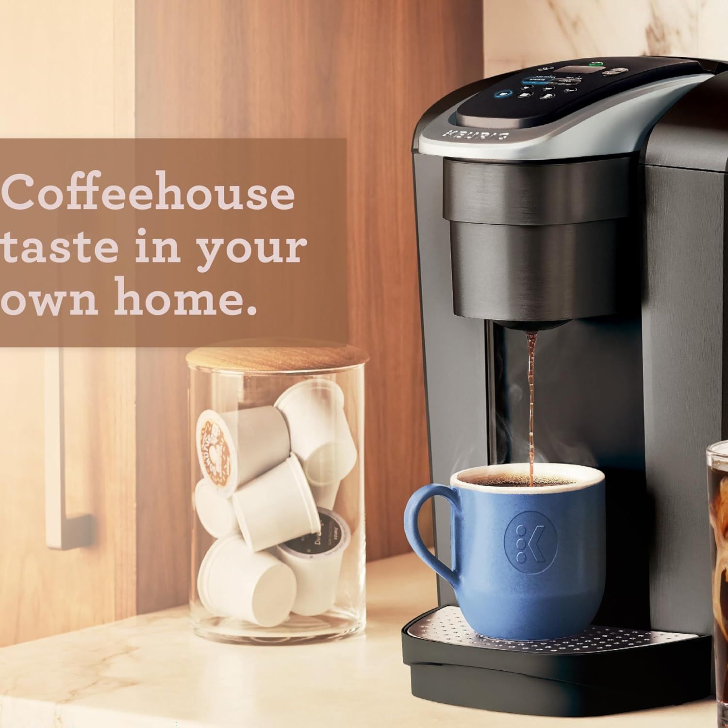 Communicates that the product delivers premium, coffeehouse-quality coffee in the convenience of your own home, appealing to shoppers who want café-style…