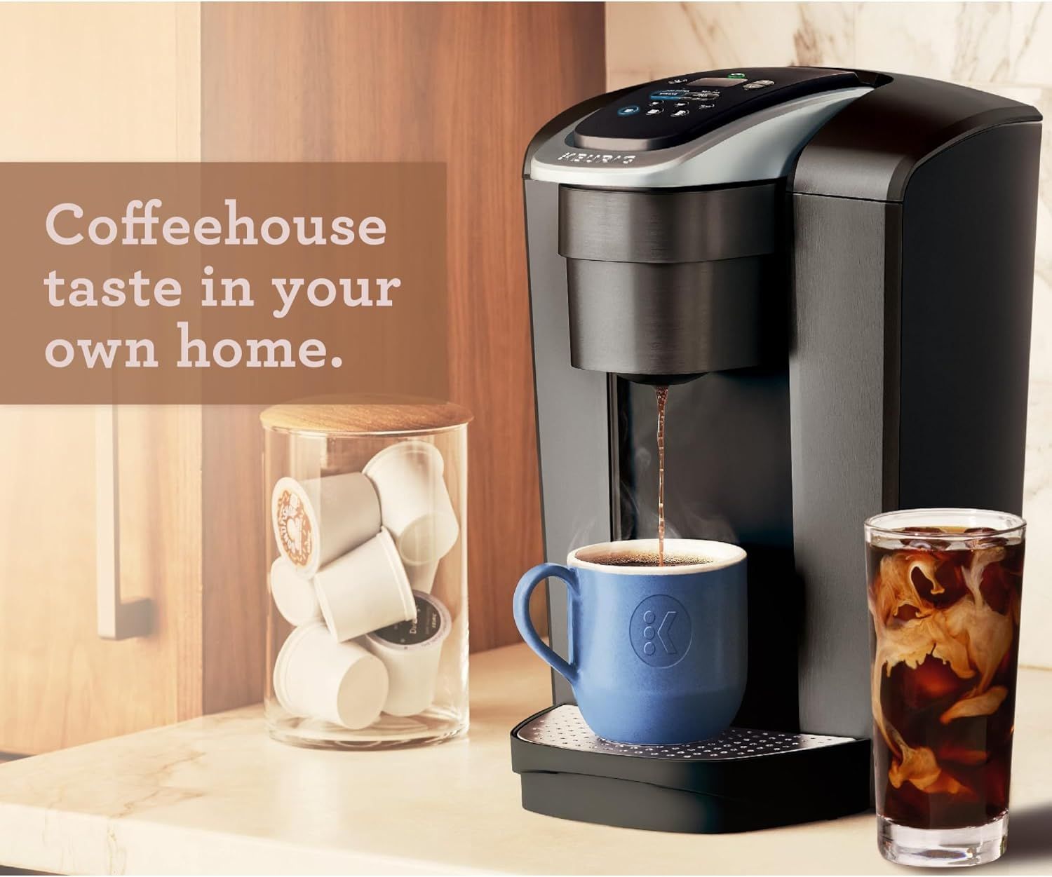 Communicates that the product delivers premium, coffeehouse-quality beverages in the convenience of your own home, appealing to coffee enthusiasts seeking…
