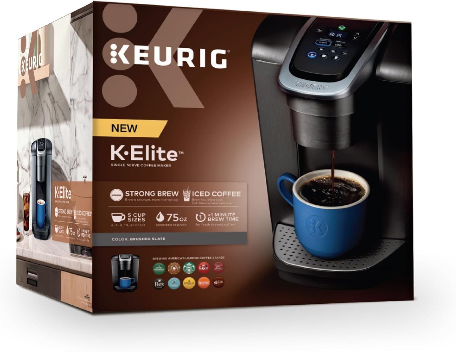 Communicates multiple key features and benefits of the Keurig K-Elite coffee maker in a segmented layout, highlighting brewing options, capacity, and speed to help shoppers understand the product's…
