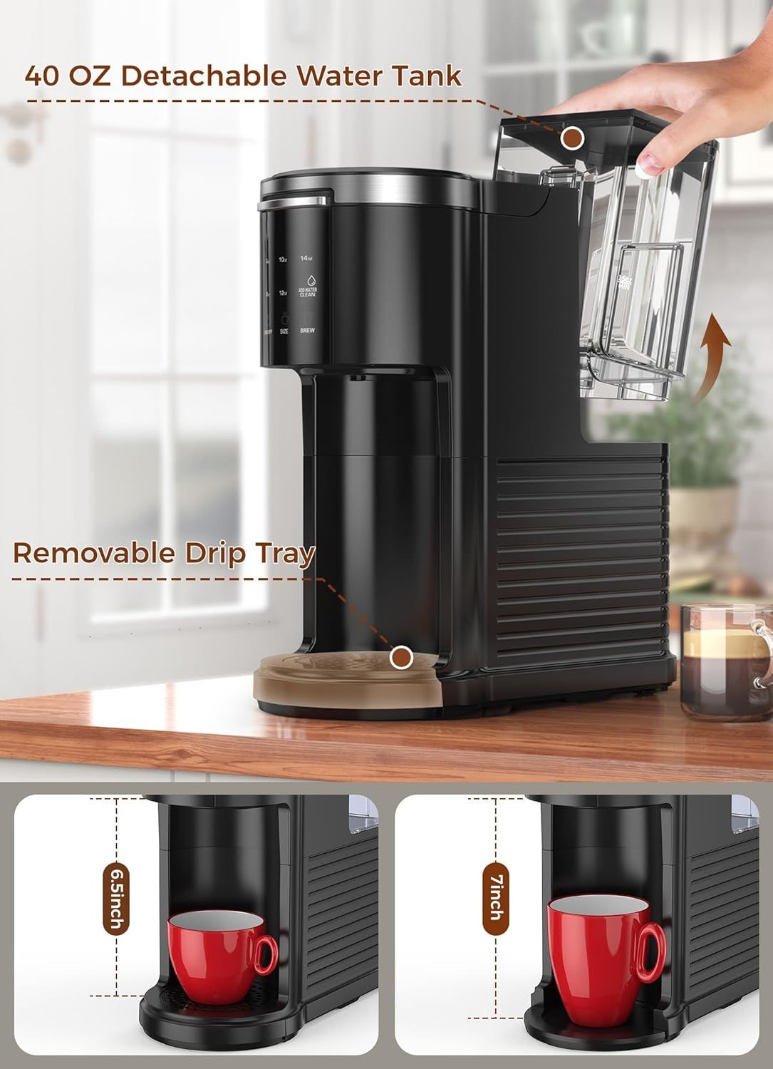 Highlights the key physical components and functional parts of the coffee maker, showing the detachable water tank for easy refilling and the removable drip…