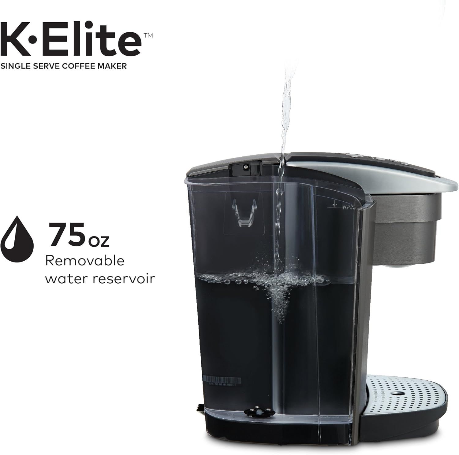 Highlights the large removable water reservoir feature to communicate convenience and capacity to shoppers. Emphasizes the convenience and capacity benefit of the 75oz removable water reservoir for…
