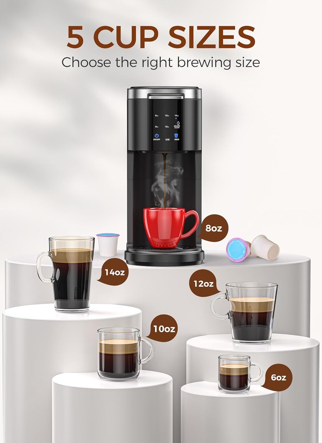Communicates the product's versatility by showing it can brew five different cup sizes (6oz, 8oz, 10oz, 12oz, 14oz), helping shoppers understand they can…