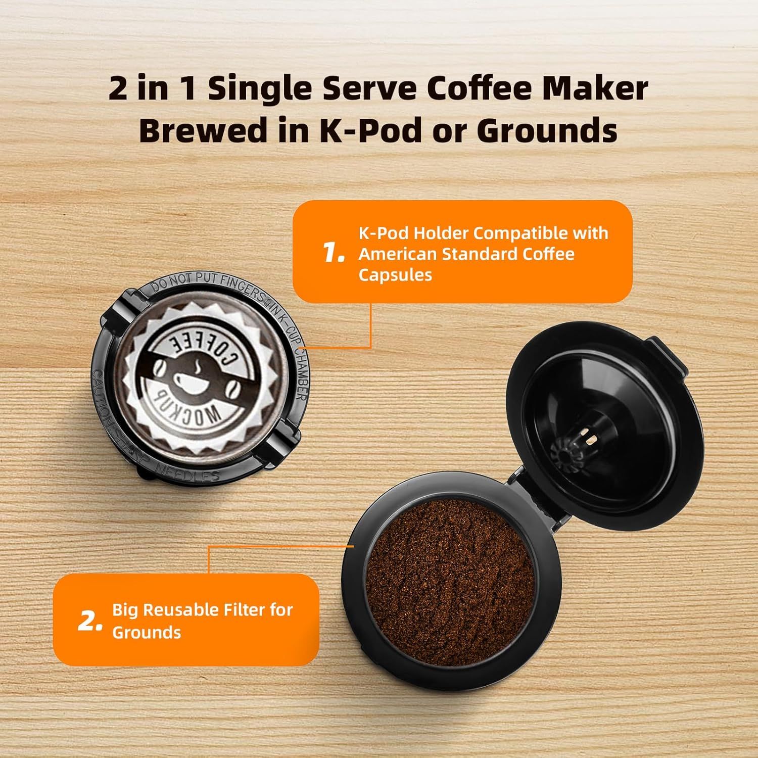Communicates the product's dual functionality—compatibility with K-Pods and the ability to brew ground coffee—to show versatility and value to shoppers.