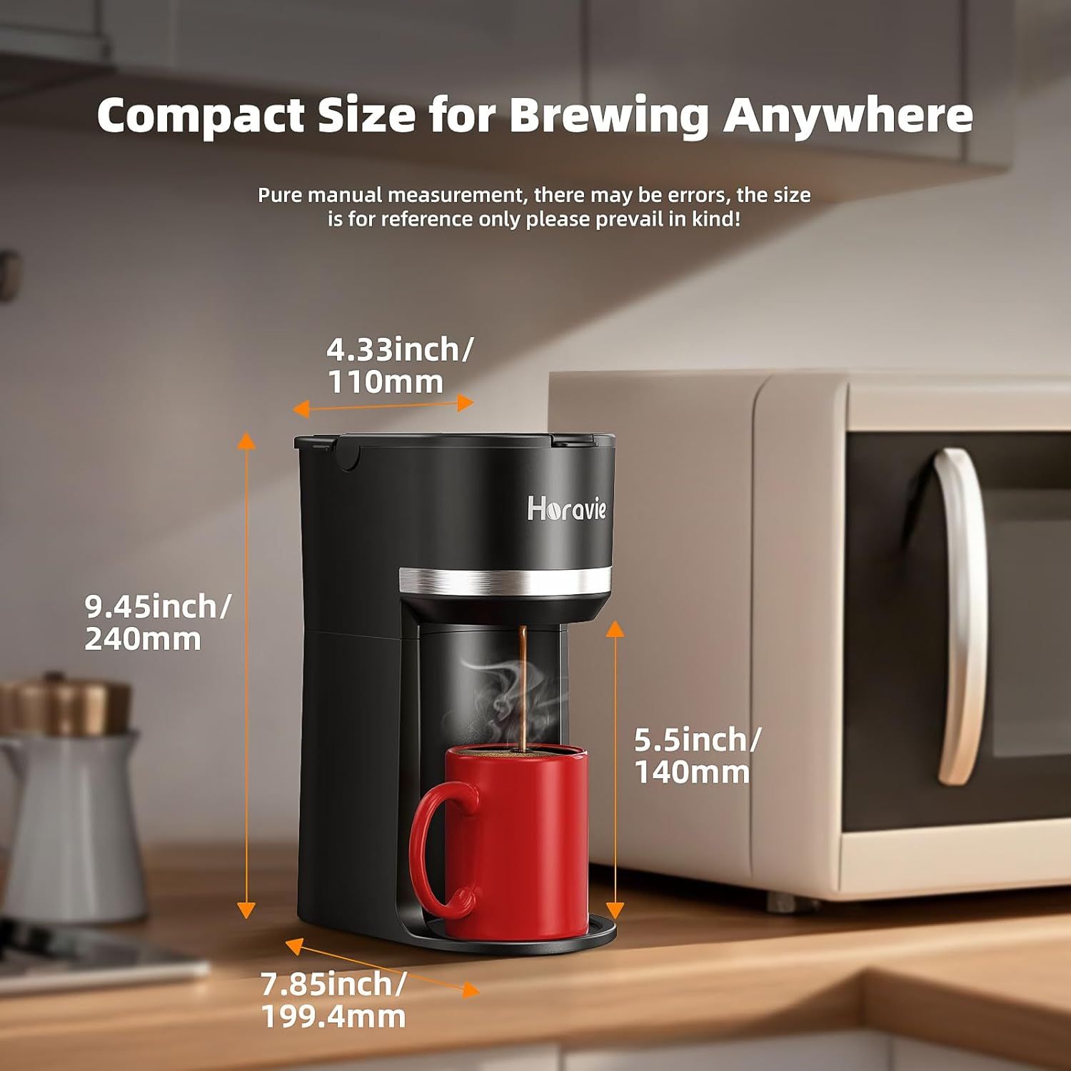 Communicates the exact physical dimensions of the coffee maker to help shoppers understand its compact footprint and ensure it fits their counter space.…