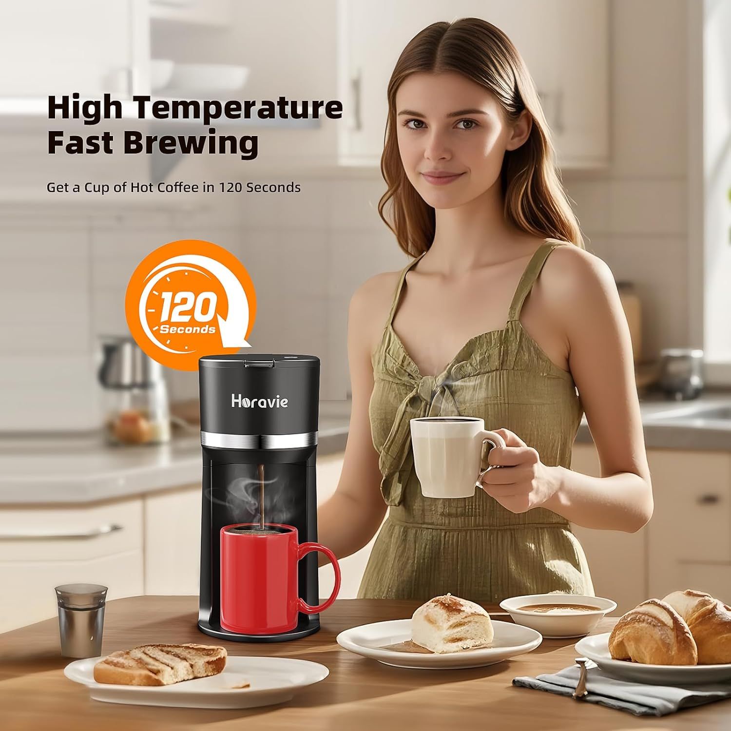 Communicates the product's speed and efficiency by highlighting that it can brew a cup of hot coffee in just 120 seconds, appealing to busy shoppers who value…