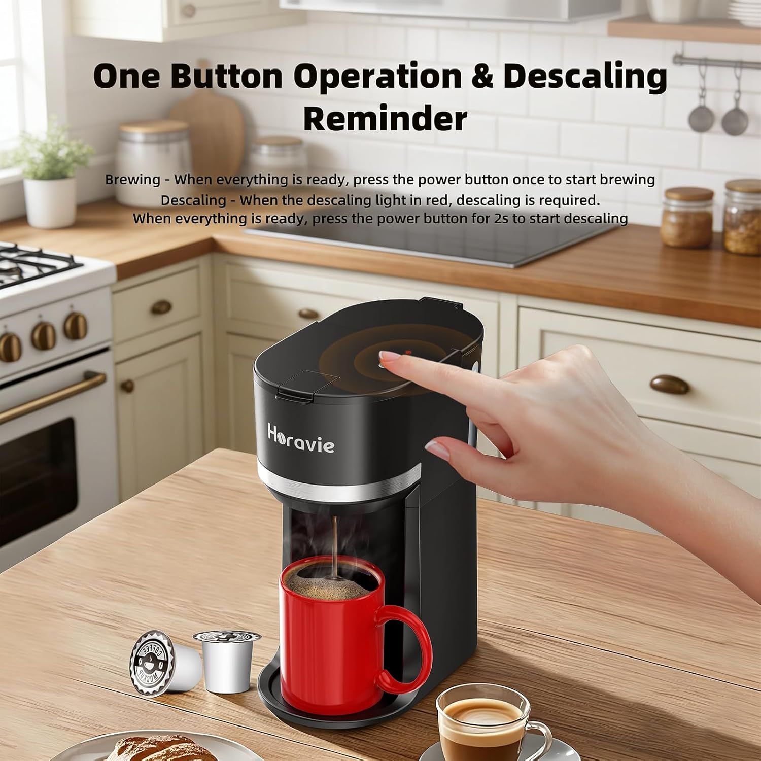 Explains how to operate the coffee maker with simple one-button brewing and provides clear descaling instructions to help shoppers understand ease of use and…