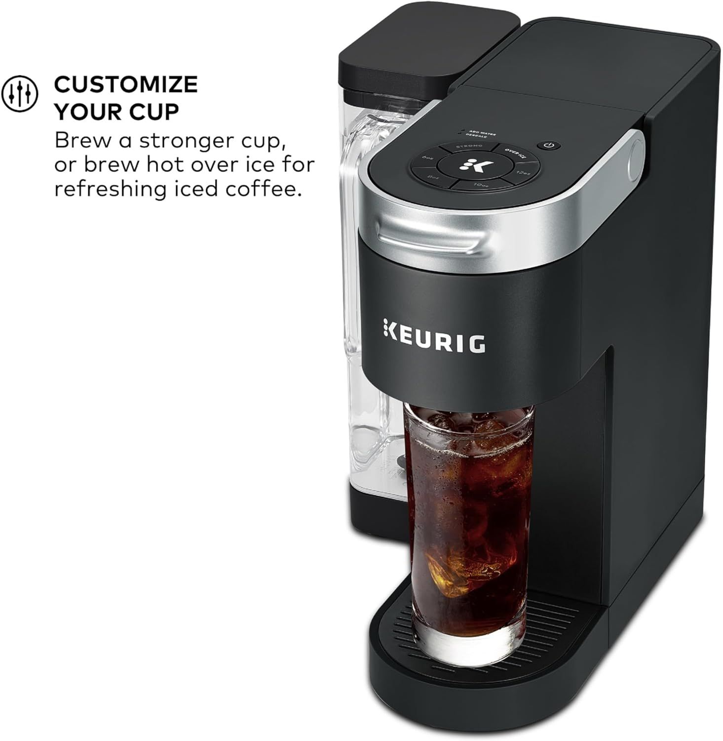 Communicates the product's versatility in brewing customizable coffee options, including stronger brews and iced coffee, to appeal to shoppers seeking…