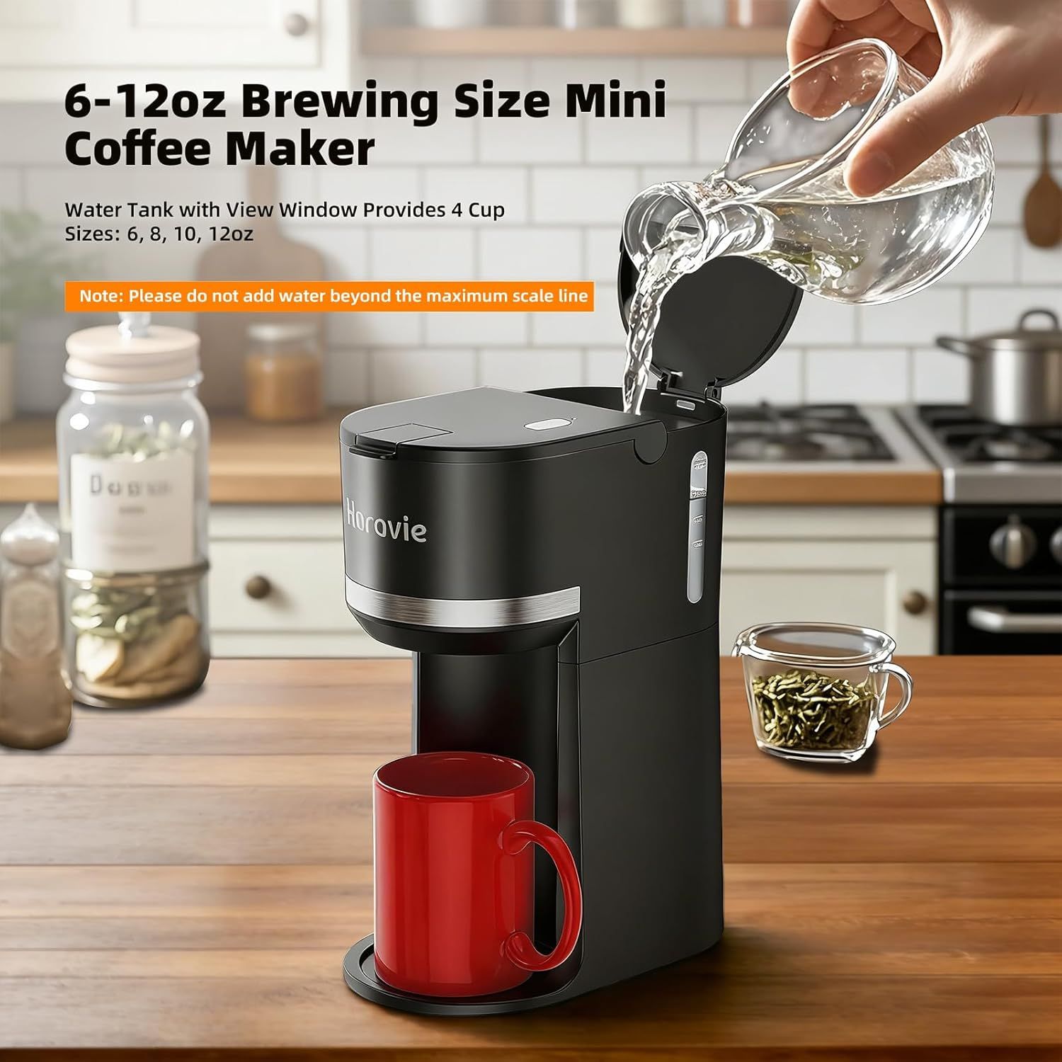 Demonstrates how to use the coffee maker by showing the simple process of filling the water tank, reassuring shoppers that setup and operation are…