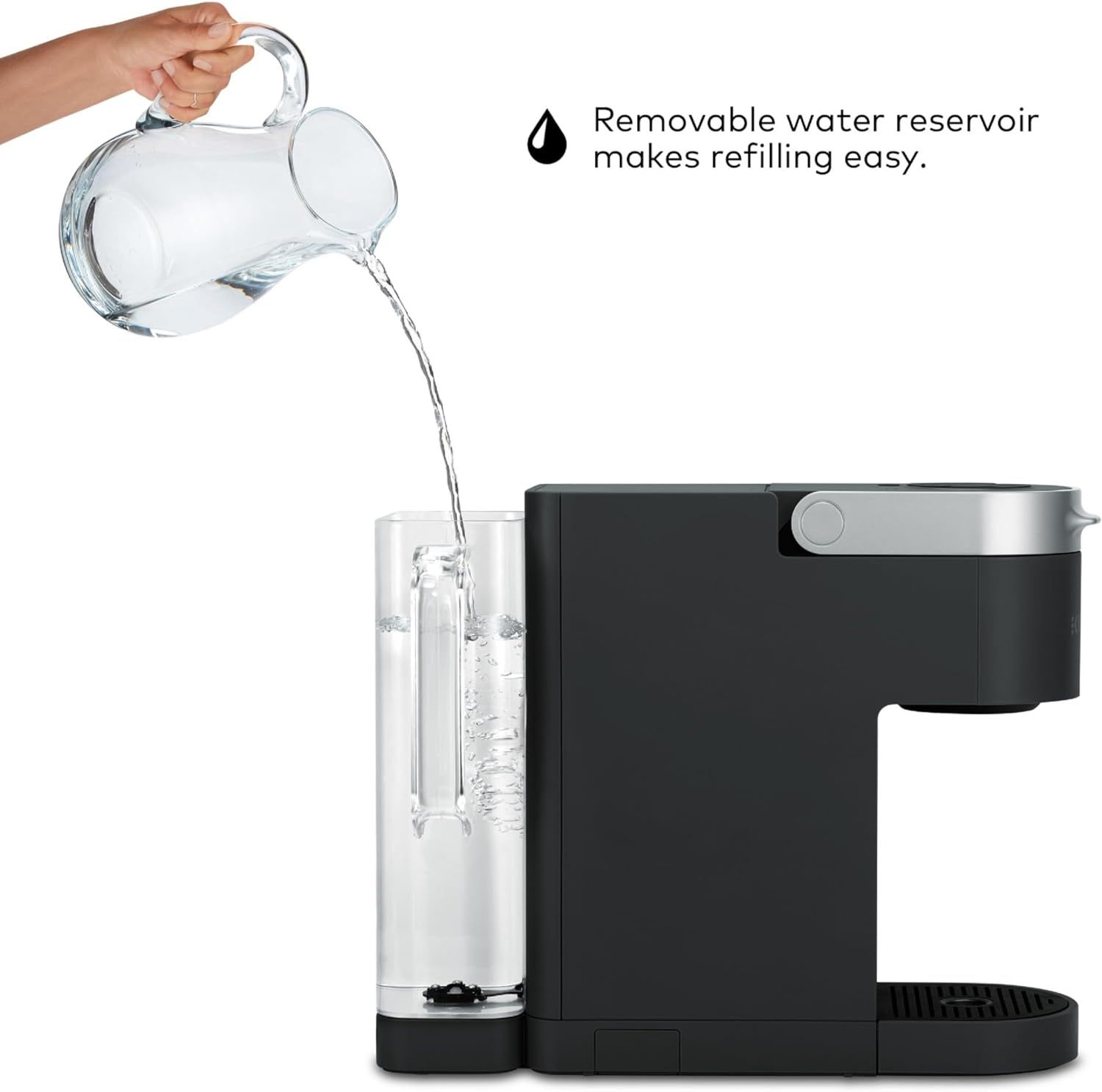 Demonstrates the convenience of the removable water reservoir feature, showing how easy it is to refill the coffee maker by simply removing and filling the tank separately.