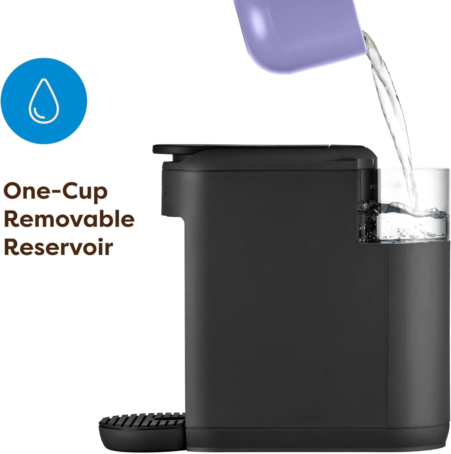 Highlights the convenience of the removable one-cup water reservoir, reassuring shoppers that the coffee maker is easy to fill and maintain for single-serve…