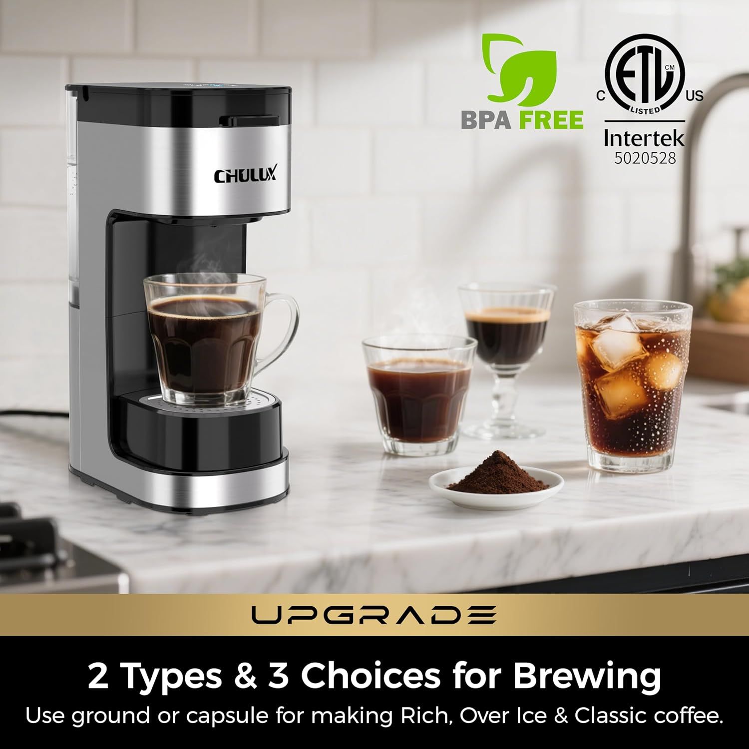 Communicates the coffee maker's versatility by highlighting multiple brewing methods (ground or capsule) and three different coffee styles (Rich, Over Ice, Classic) to show shoppers the product's…