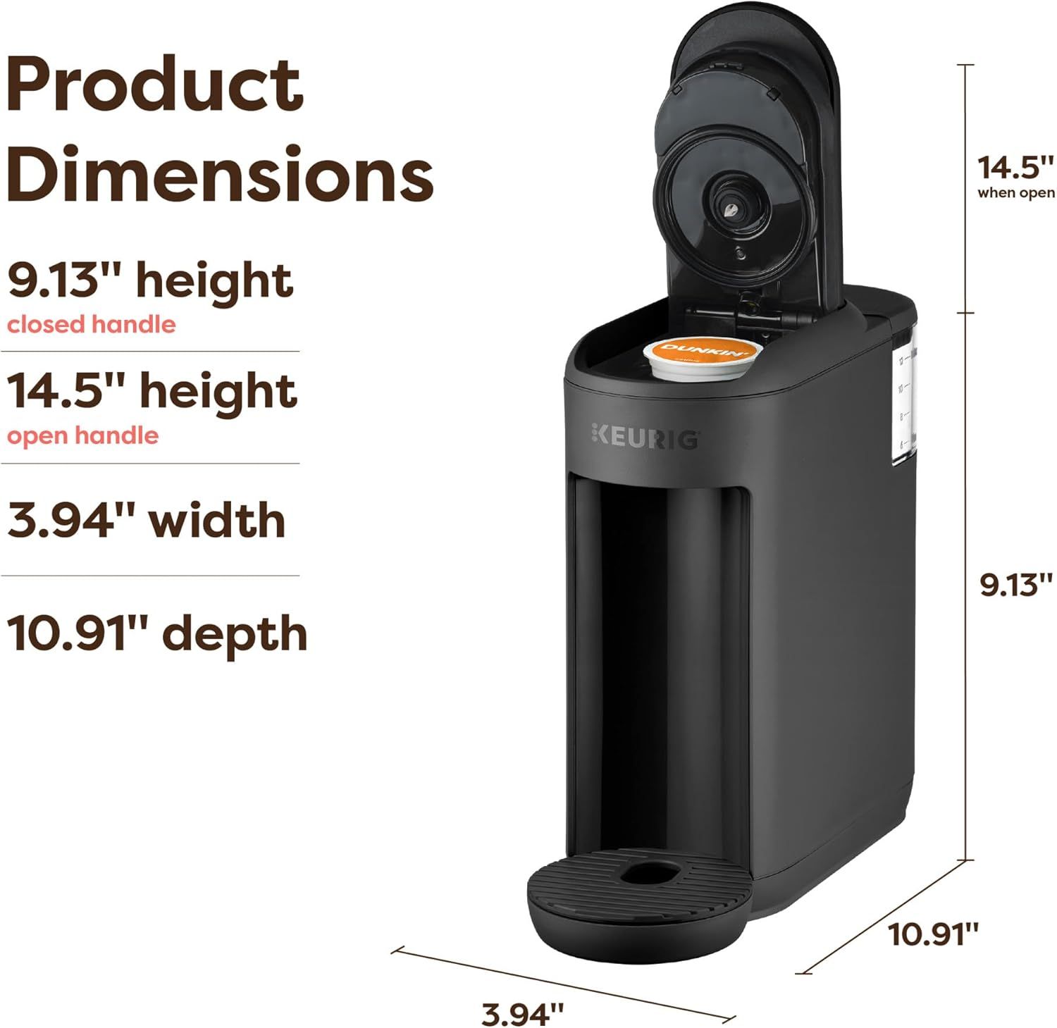 Communicates the exact physical size of the coffee maker to help shoppers understand if it will fit in their space, showing both closed and open handle heights.