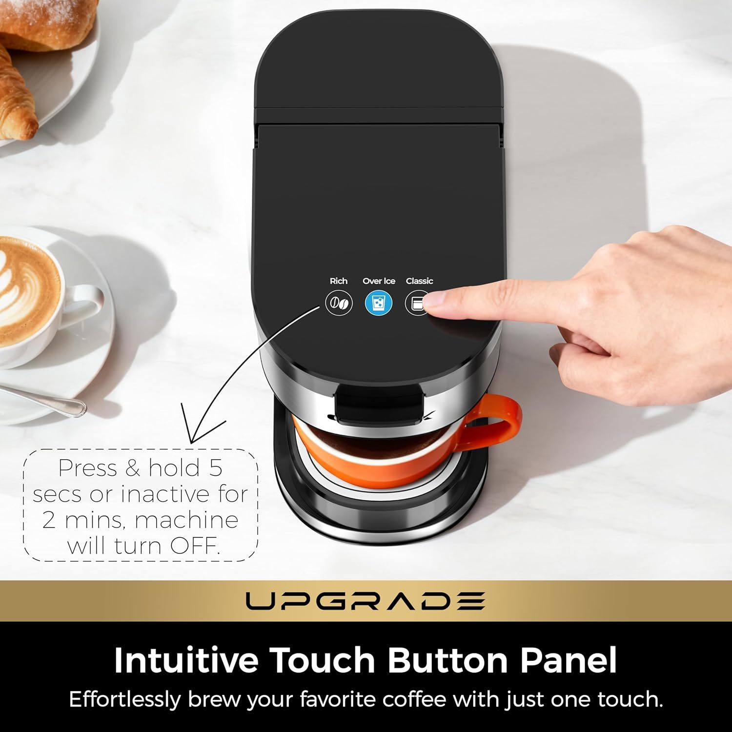 Demonstrates the coffee maker's user-friendly touch button interface with multiple brew options, emphasizing ease of use and convenience for brewing coffee…