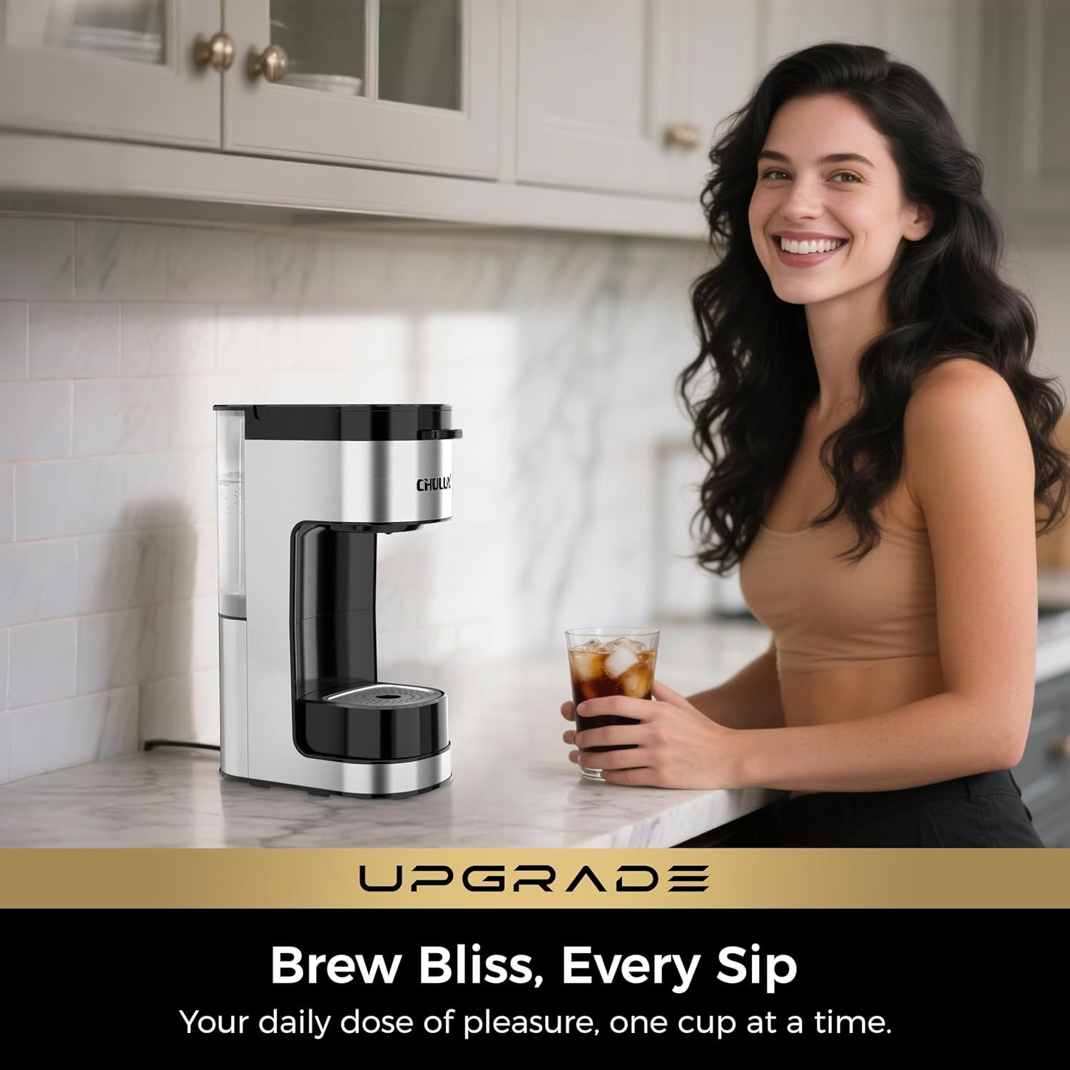 Demonstrates the product in a real-world kitchen environment with a satisfied user enjoying their beverage, creating an aspirational and relatable lifestyle…