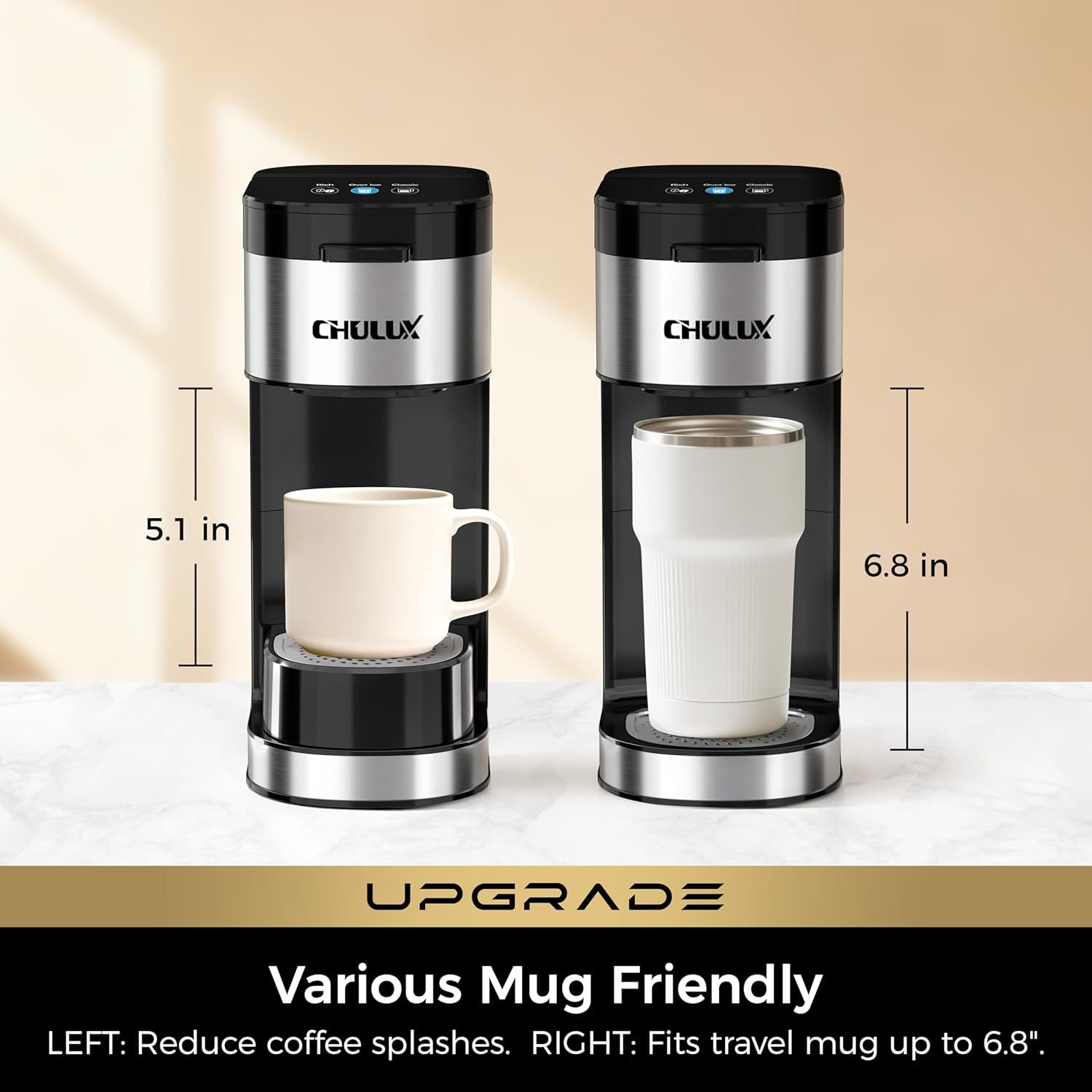 Demonstrates the physical height of the product in two configurations (5.1 inches with standard mug, 6.8 inches with travel mug) to help shoppers understand…
