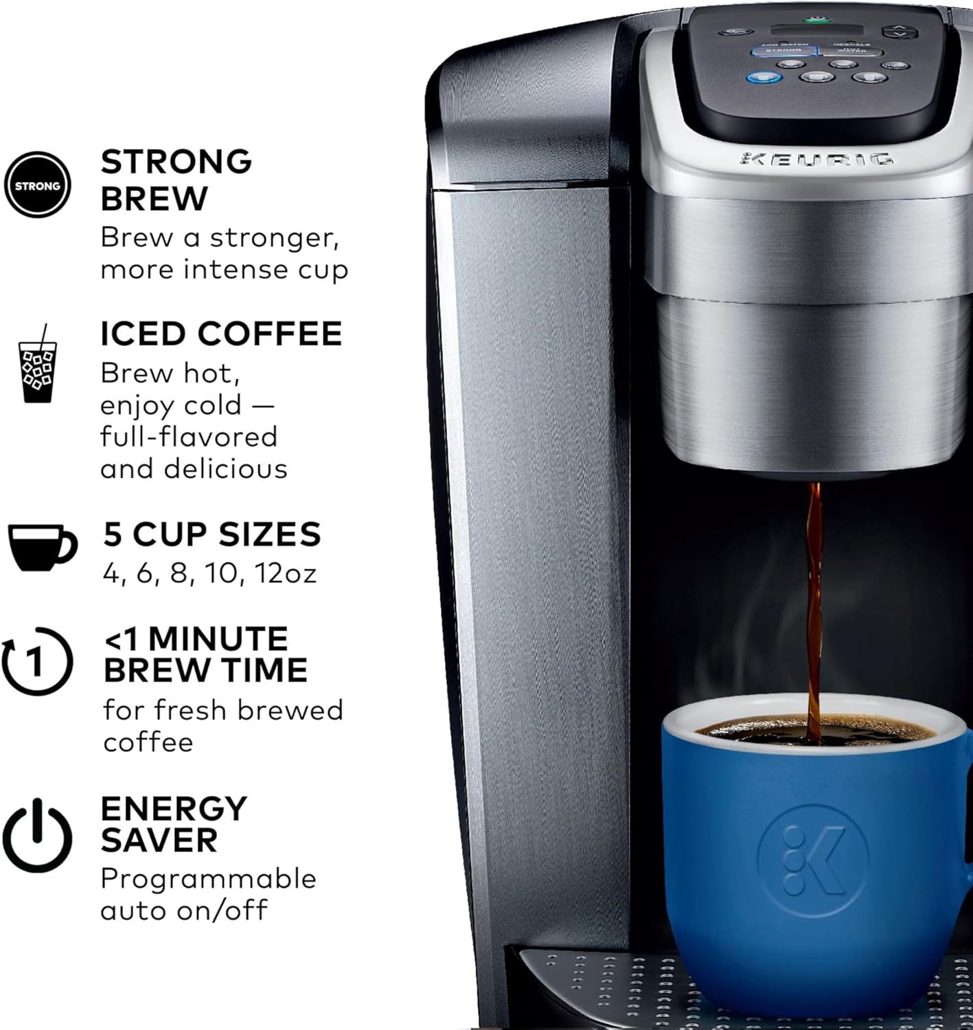 Communicates multiple key selling benefits of the coffee maker in a segmented layout, highlighting versatility, speed, customization options, and energy…
